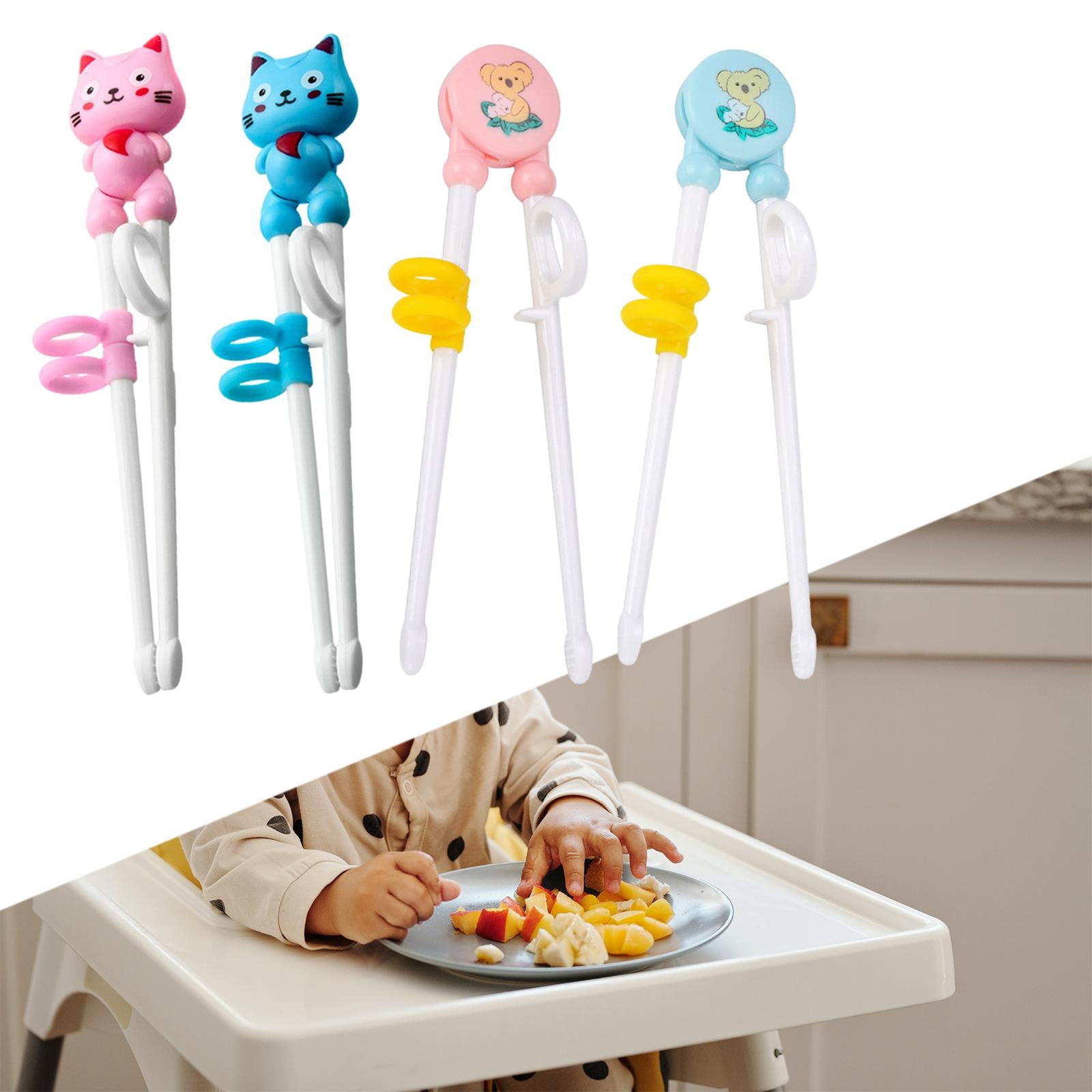 3xKid Training Chopsticks Cartoon with Positioning Rings Lightweight Anti Slip Cat Pink
