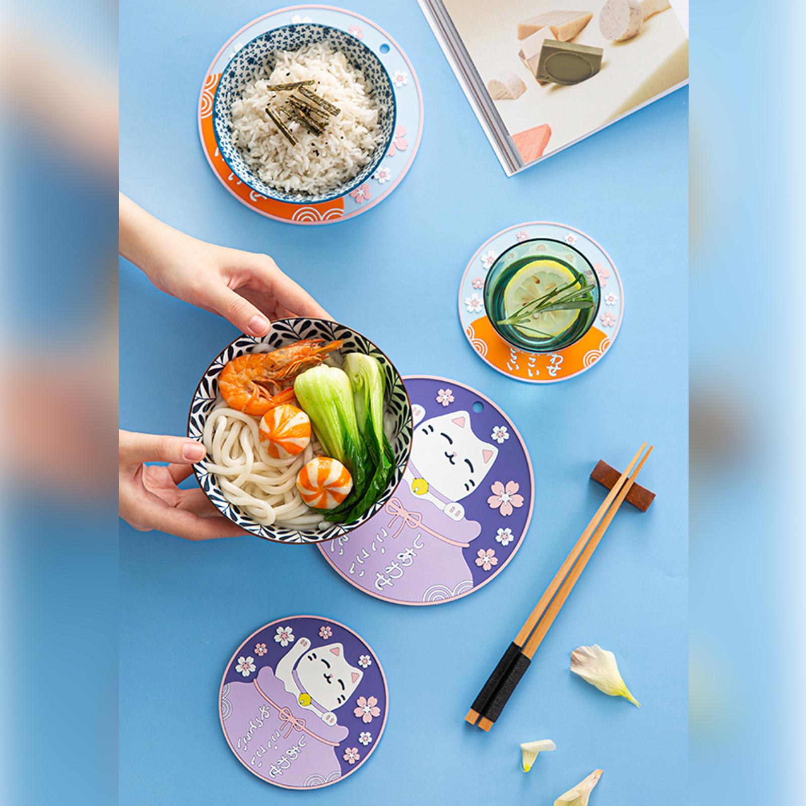 4xCartoon Cat Coaster Decorative Table Mat for Countertop Dining Table Kitchen Purple 16cm