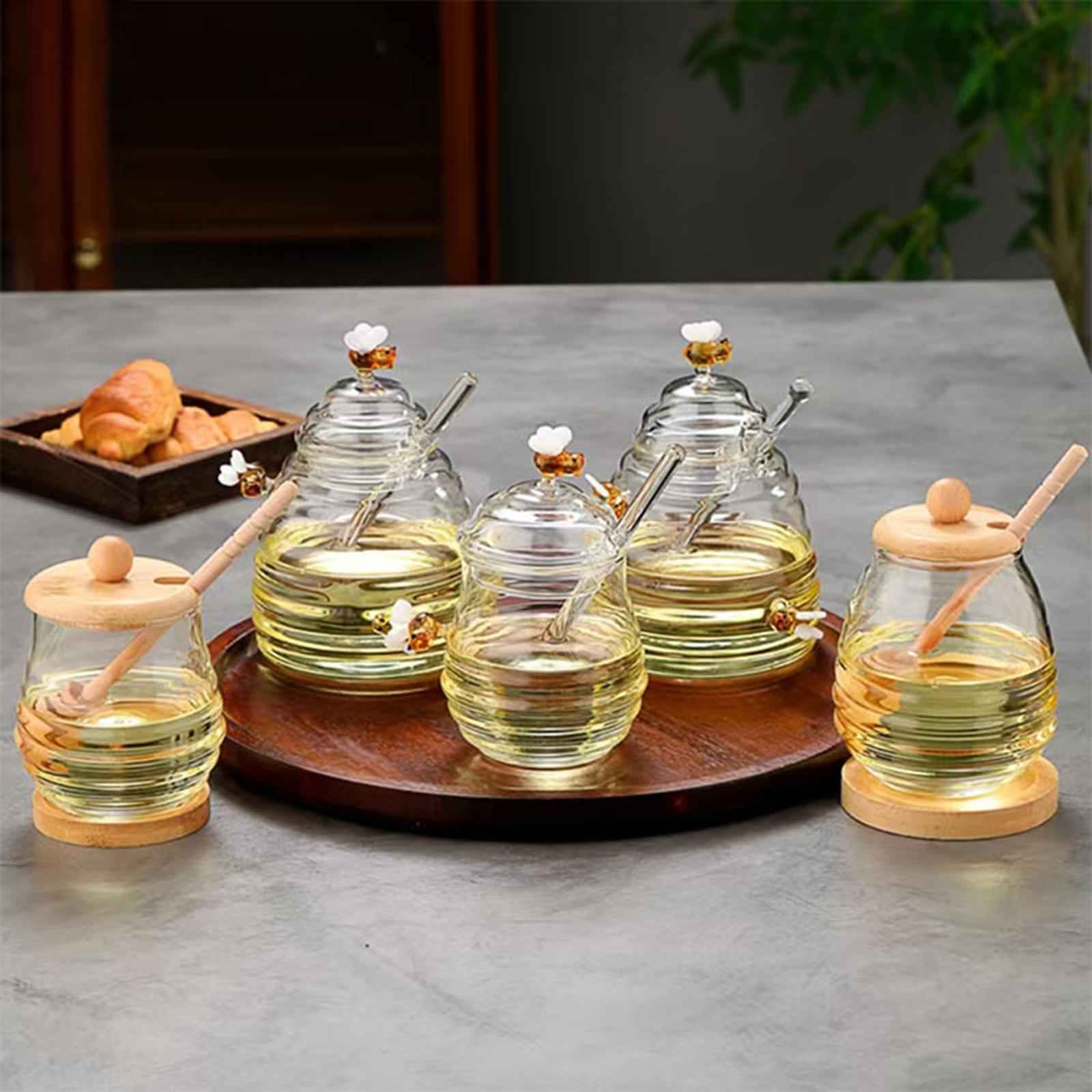 Glass Honey Dispenser Clear Honey Container for Wedding Kitchen Dining Table Round Cover 280ml