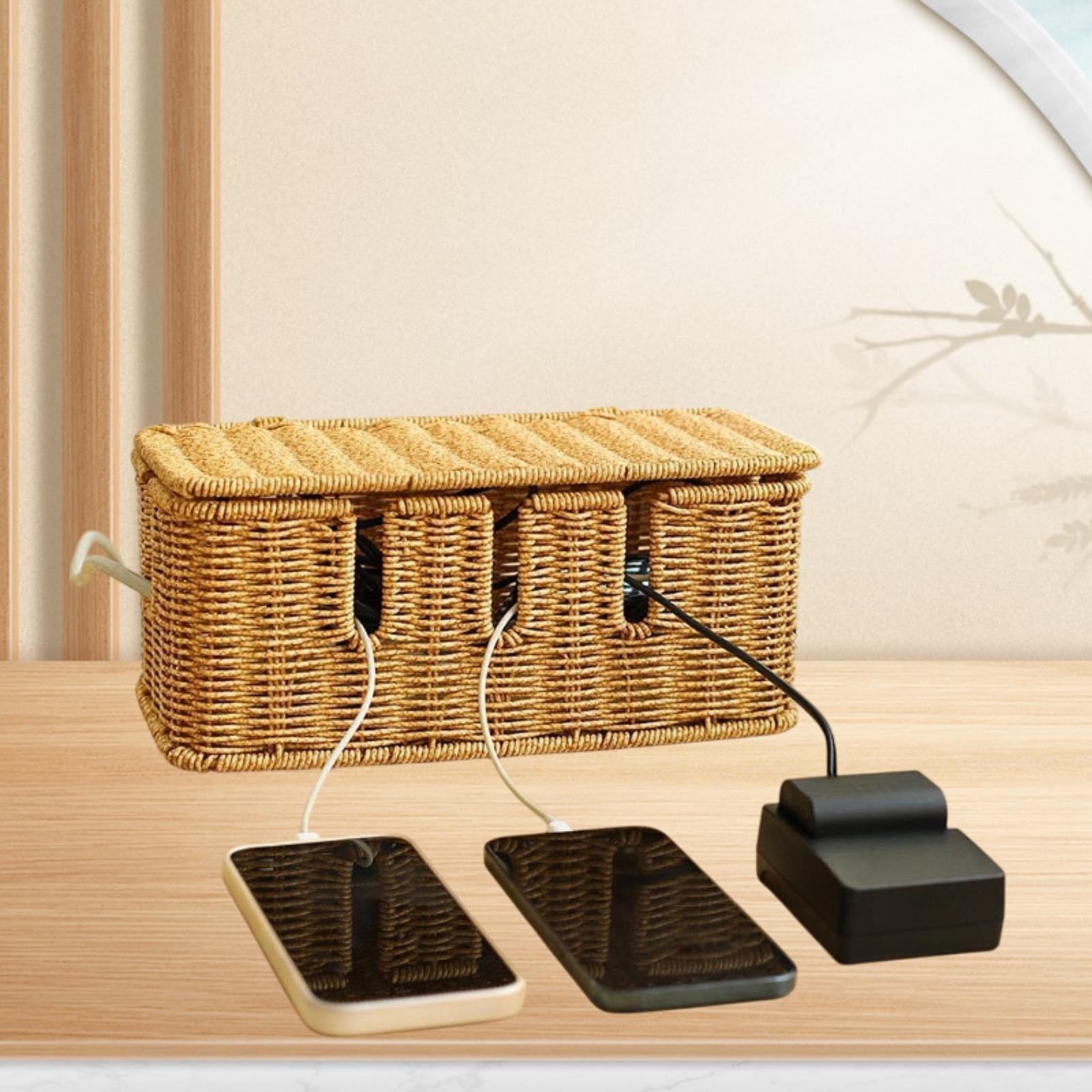 Cable Management Box Imitation Rattan Desk Storage Charger PC Cord Organizer 30.5x14x13.3cm 5Slot