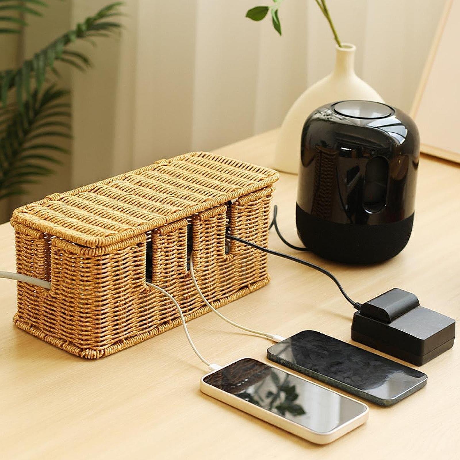 Cable Management Box Imitation Rattan Desk Storage Charger PC Cord Organizer 30.5x14x13.3cm 5Slot
