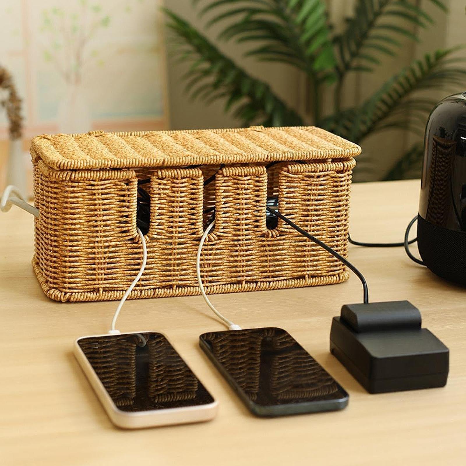 Cable Management Box Imitation Rattan Desk Storage Charger PC Cord Organizer 30.5x14x13.3cm 5Slot