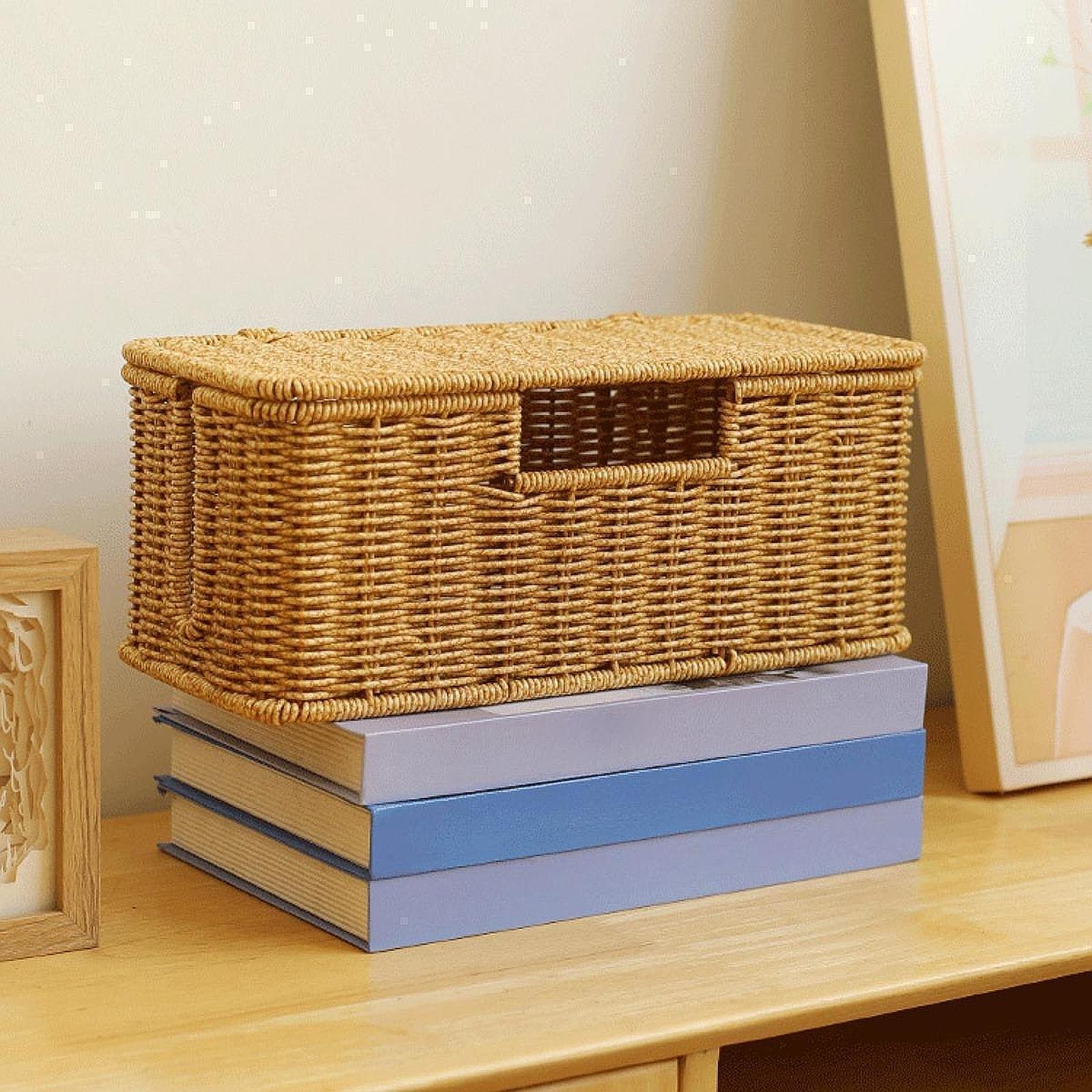 Cable Management Box Imitation Rattan Desk Storage Charger PC Cord Organizer 32x14x13cm 3 Slots