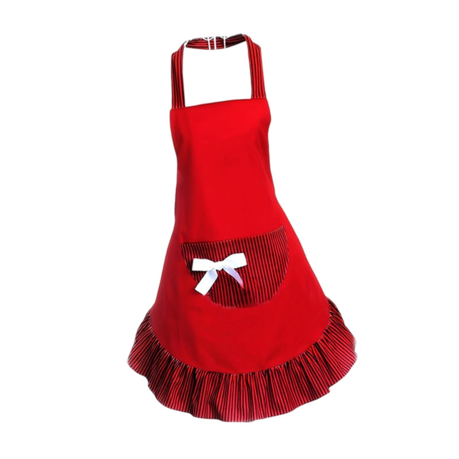 Bowknot Funny Apron Frilly Maid Ladies Cute Lovely Restaurant Vintage Design Red