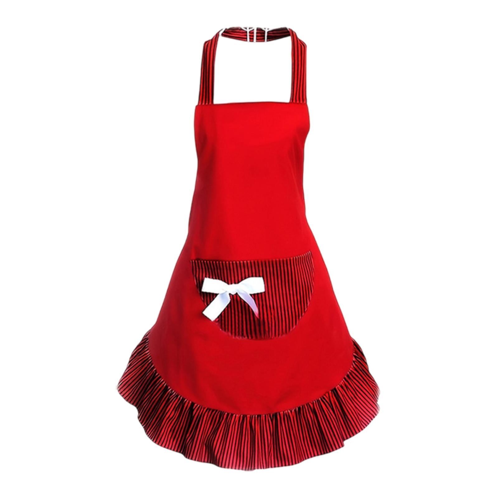 Bowknot Funny Apron Frilly Maid Ladies Cute Lovely Restaurant Vintage Design Red