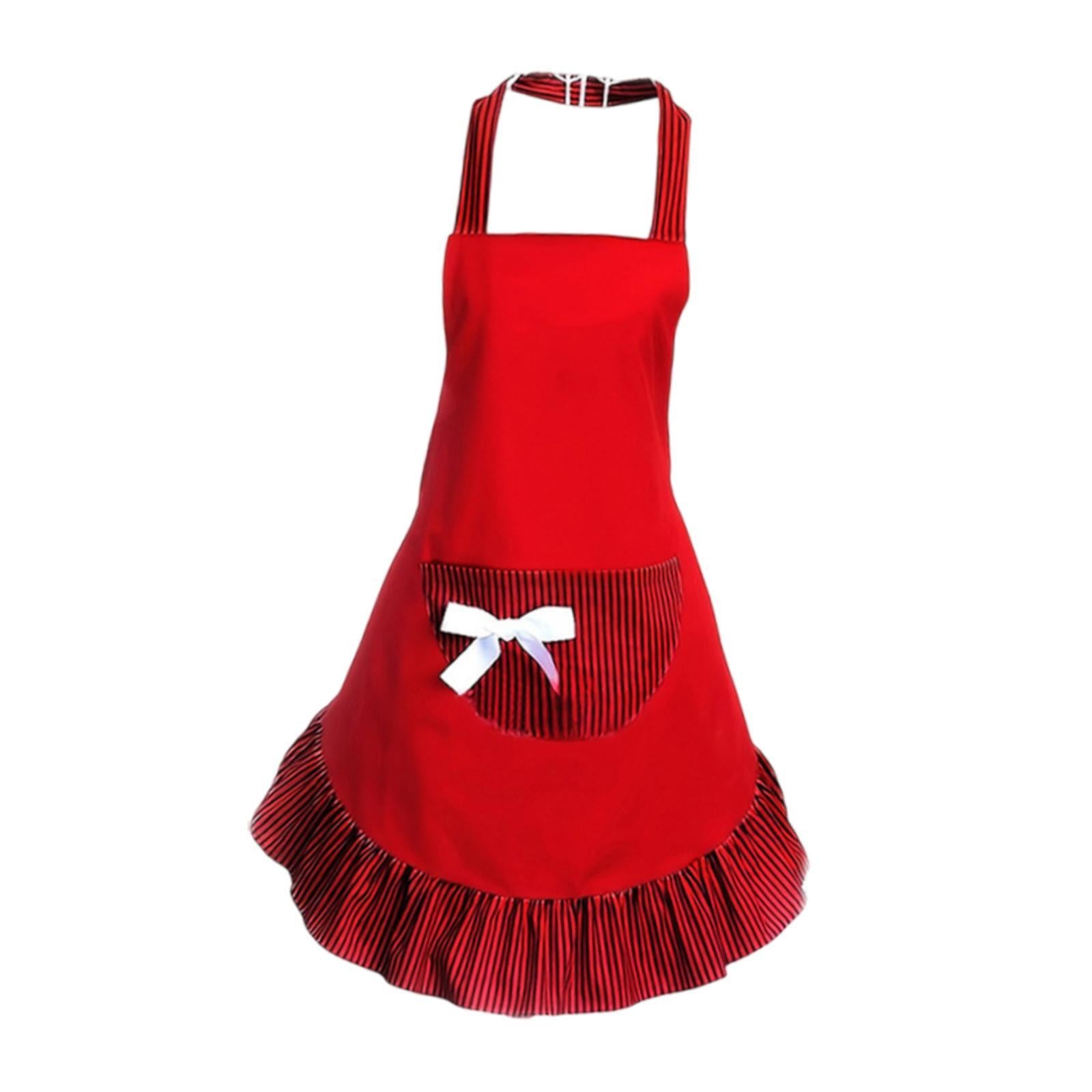 Bowknot Funny Apron Frilly Maid Ladies Cute Lovely Restaurant Vintage Design Red