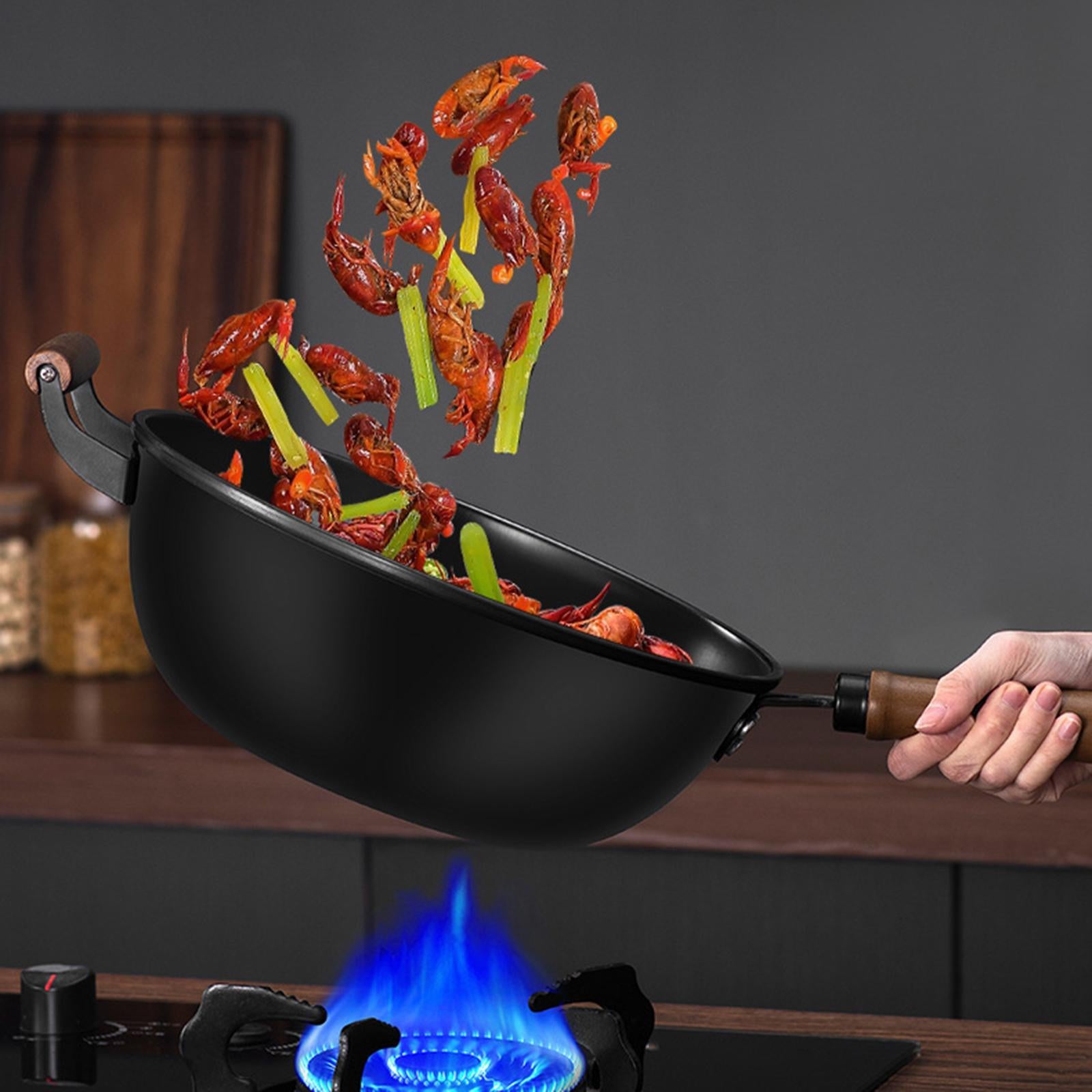 Iron Wok No Coating Cookware for Electric Induction Gas Stoves Wooden Handle Diameter 32cm