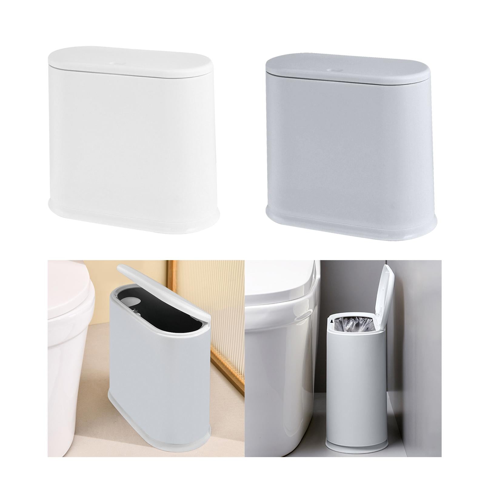 Trash Can with Lid Space Saving Small Press Type Wastebasket for Home Toilet White