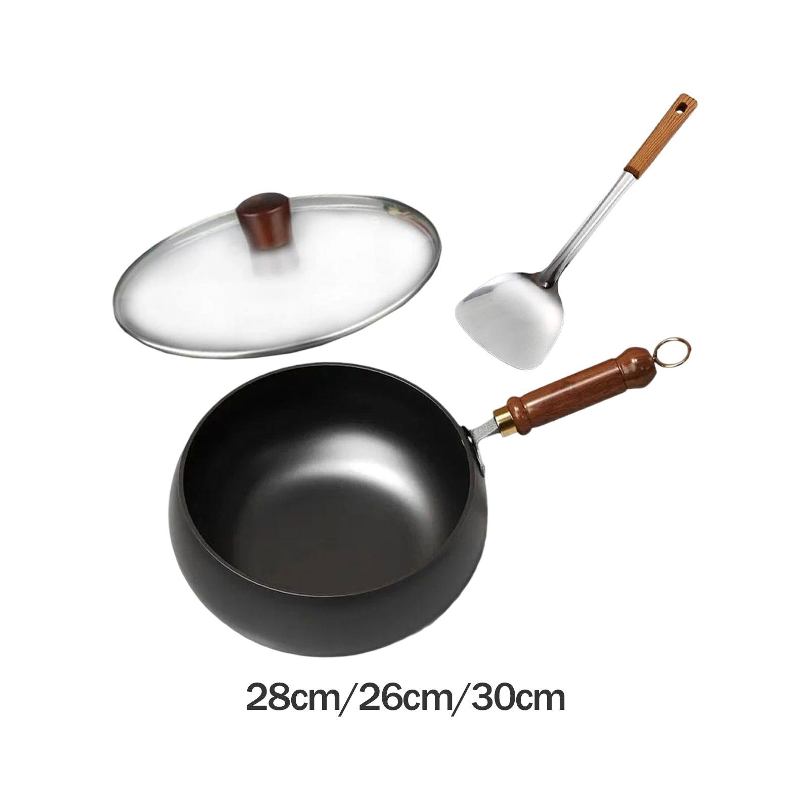 Wok Pan Ergonomic Wooden Handle No Coating Frying Pan for Home Kitchen 28 cm
