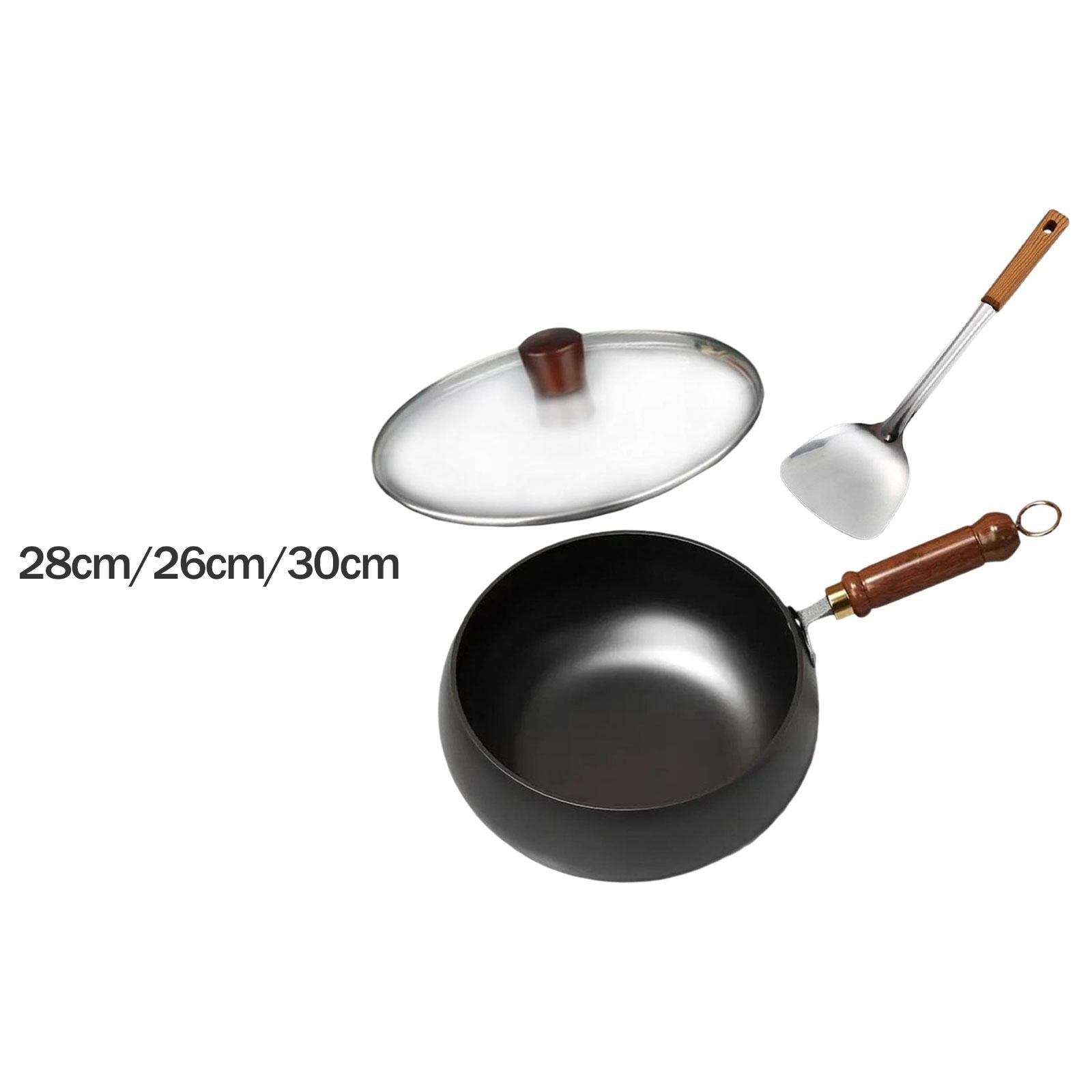 Wok Pan Ergonomic Wooden Handle No Coating Frying Pan for Home Kitchen 28 cm