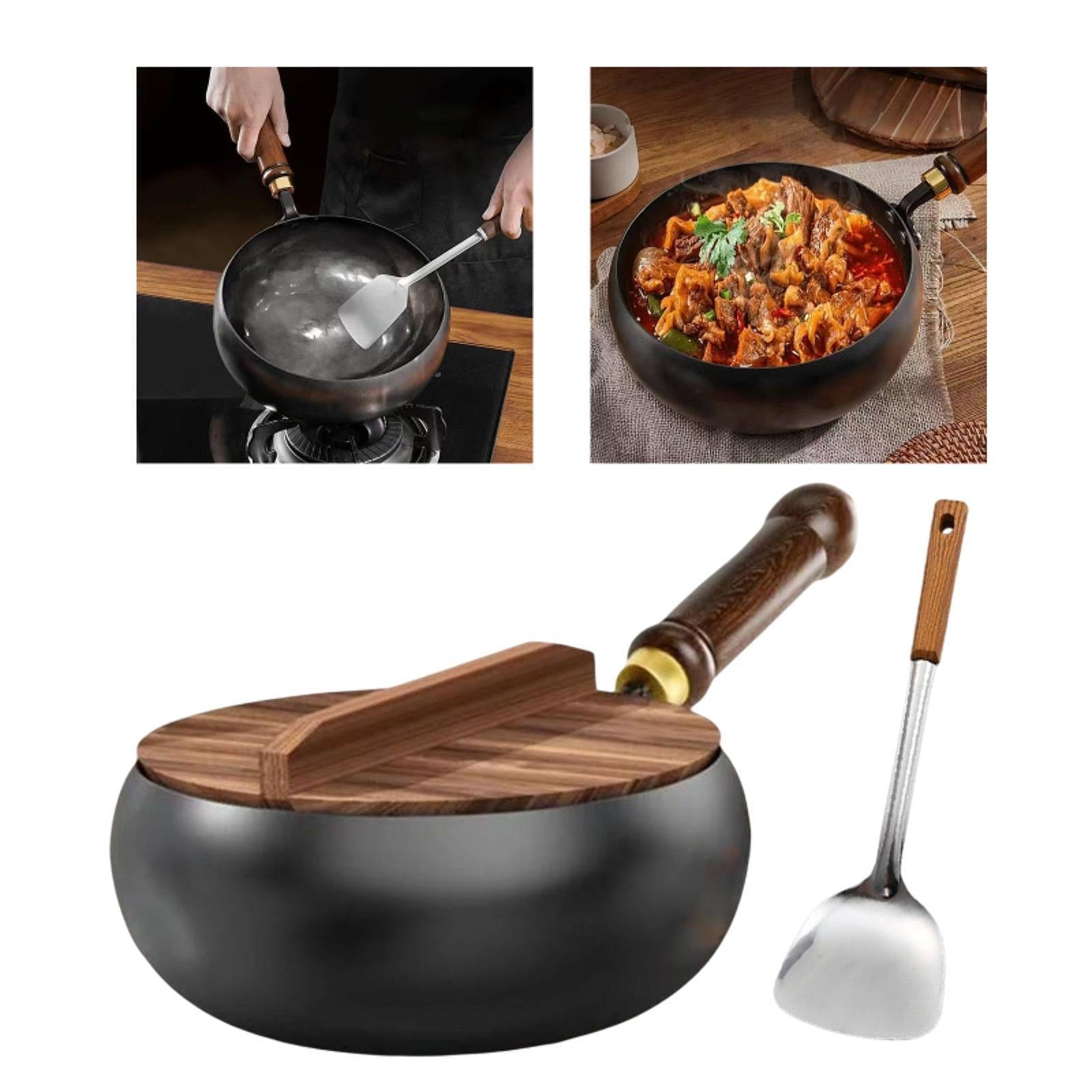 Iron Wok Pan with Lid and Spatula Chinese Wok for Camping Kitchen Restaurant 26cm