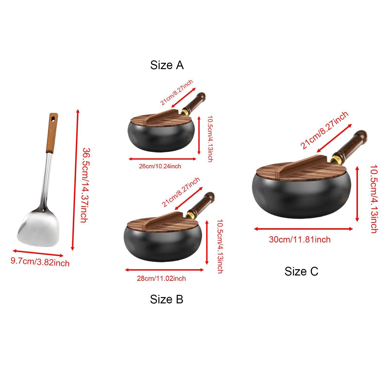Iron Wok Pan with Lid and Spatula Chinese Wok for Camping Kitchen Restaurant 26cm