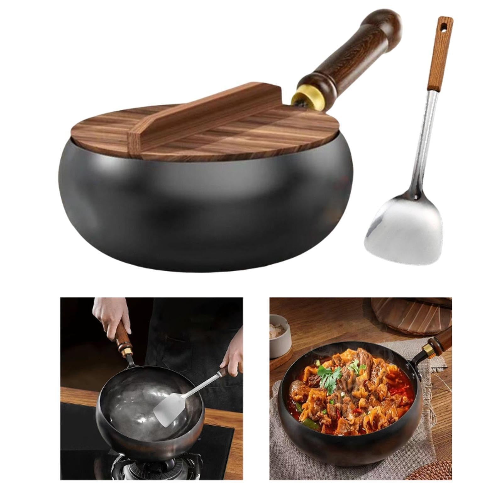 Iron Wok Pan with Lid and Spatula Chinese Wok for Camping Kitchen Restaurant 28cm