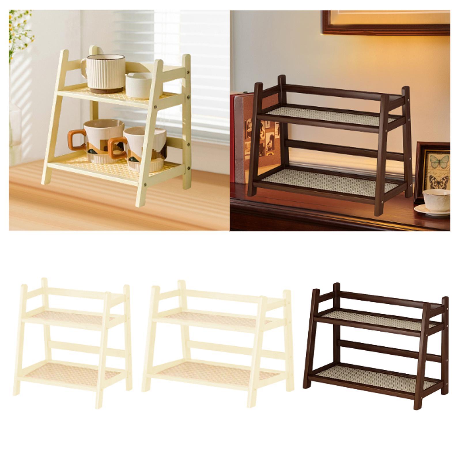 Bamboo Double Layer Rack Mug Holder Desk Storage Shelf for Hotel Dining Room M Brown