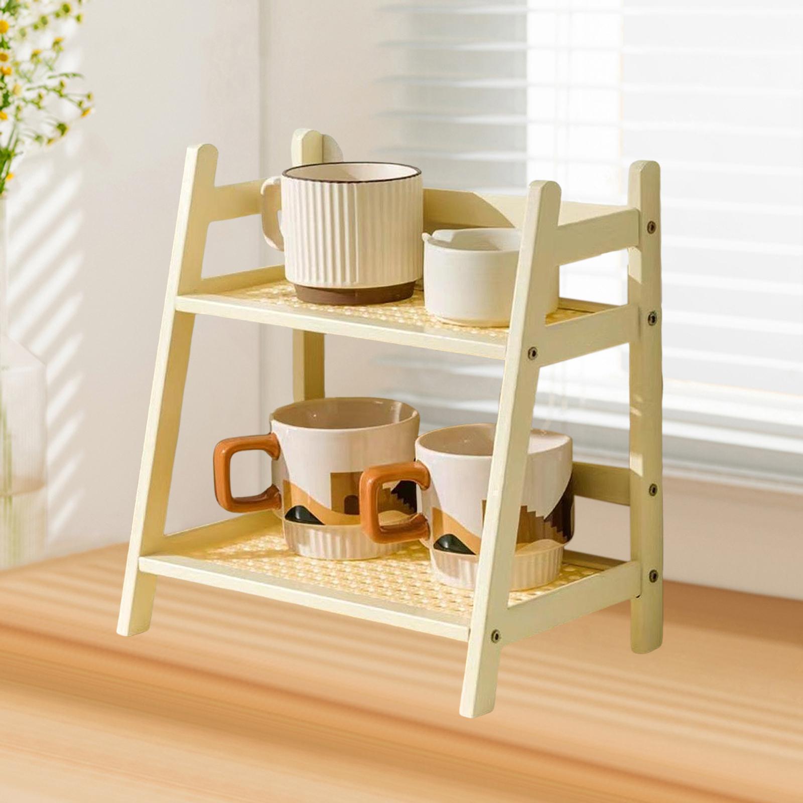 Bamboo Double Layer Rack Mug Holder Desk Storage Shelf for Hotel Dining Room S White