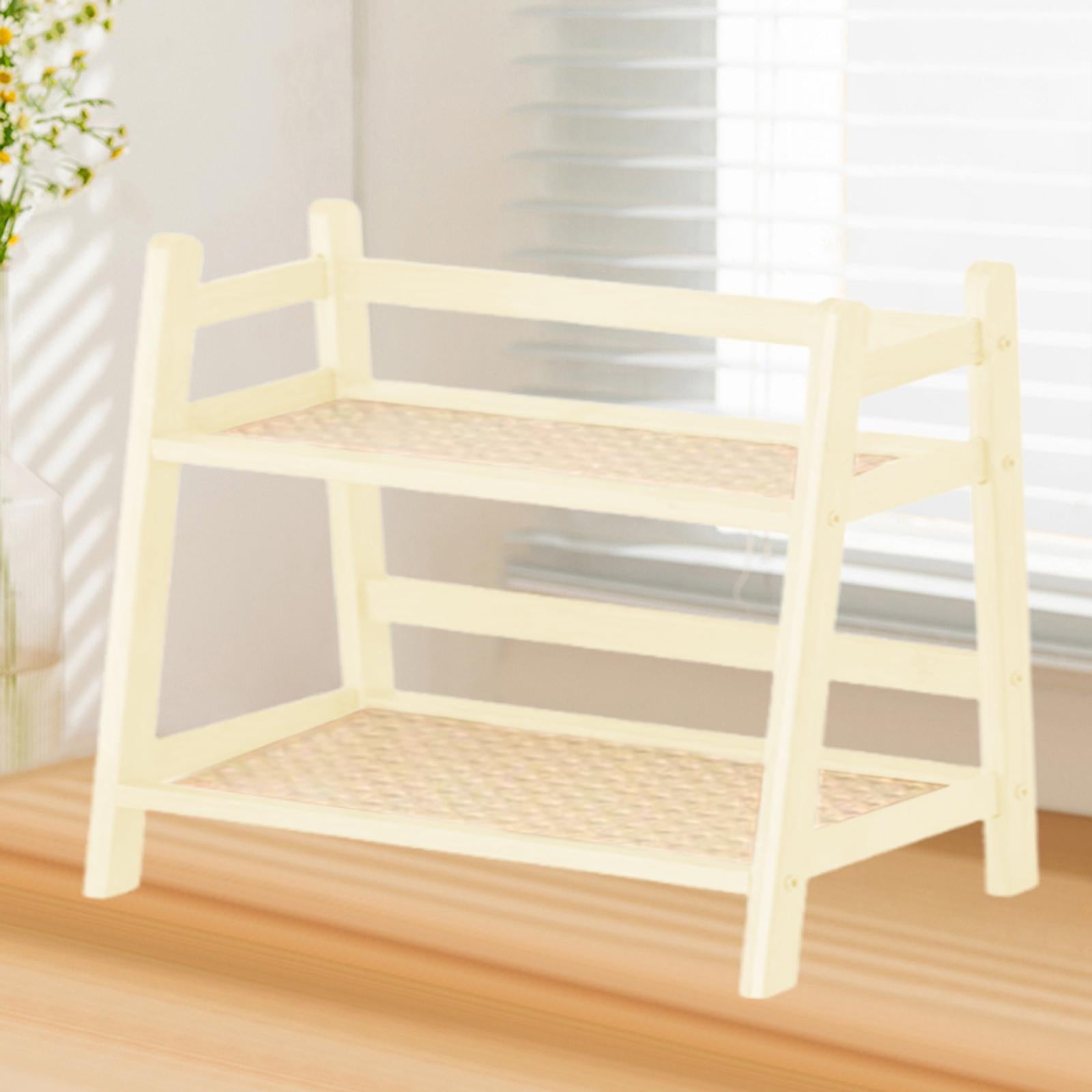 Bamboo Double Layer Rack Mug Holder Desk Storage Shelf for Hotel Dining Room M White