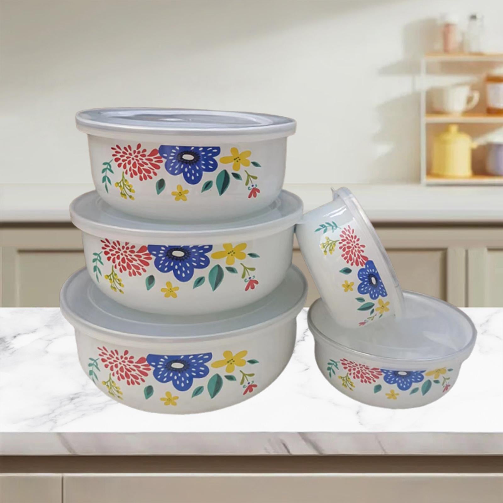 5 Pieces Enamel Bowls with Lids Nesting Bowls Set for Prepping Biscuits Rice Blue