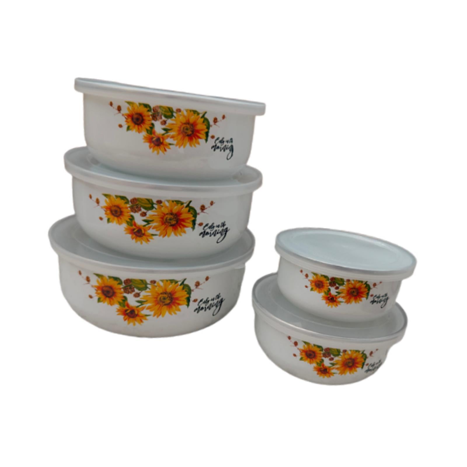 5 Pieces Enamel Bowls with Lids Nesting Bowls Set for Prepping Biscuits Rice Orange