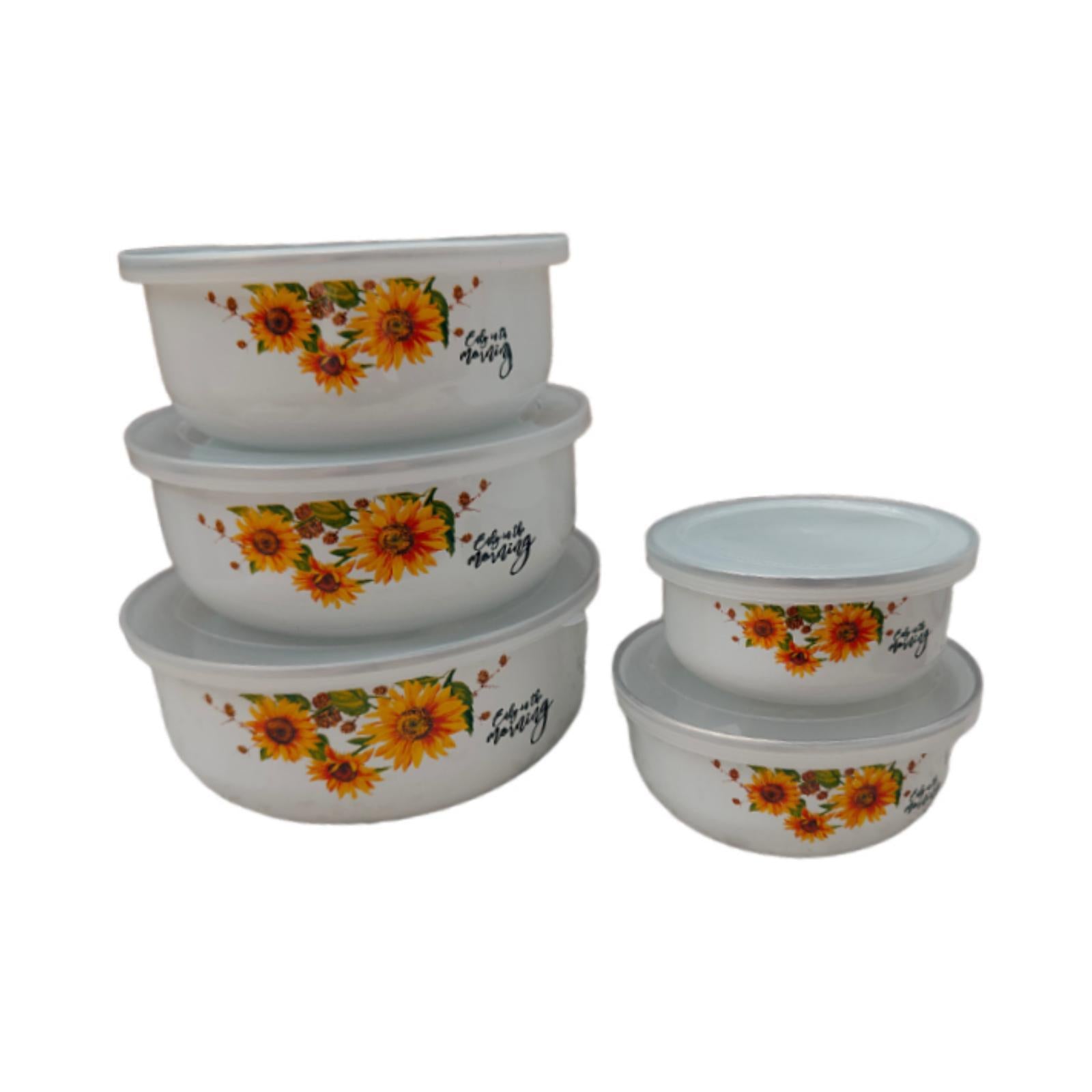 5 Pieces Enamel Bowls with Lids Nesting Bowls Set for Prepping Biscuits Rice Orange
