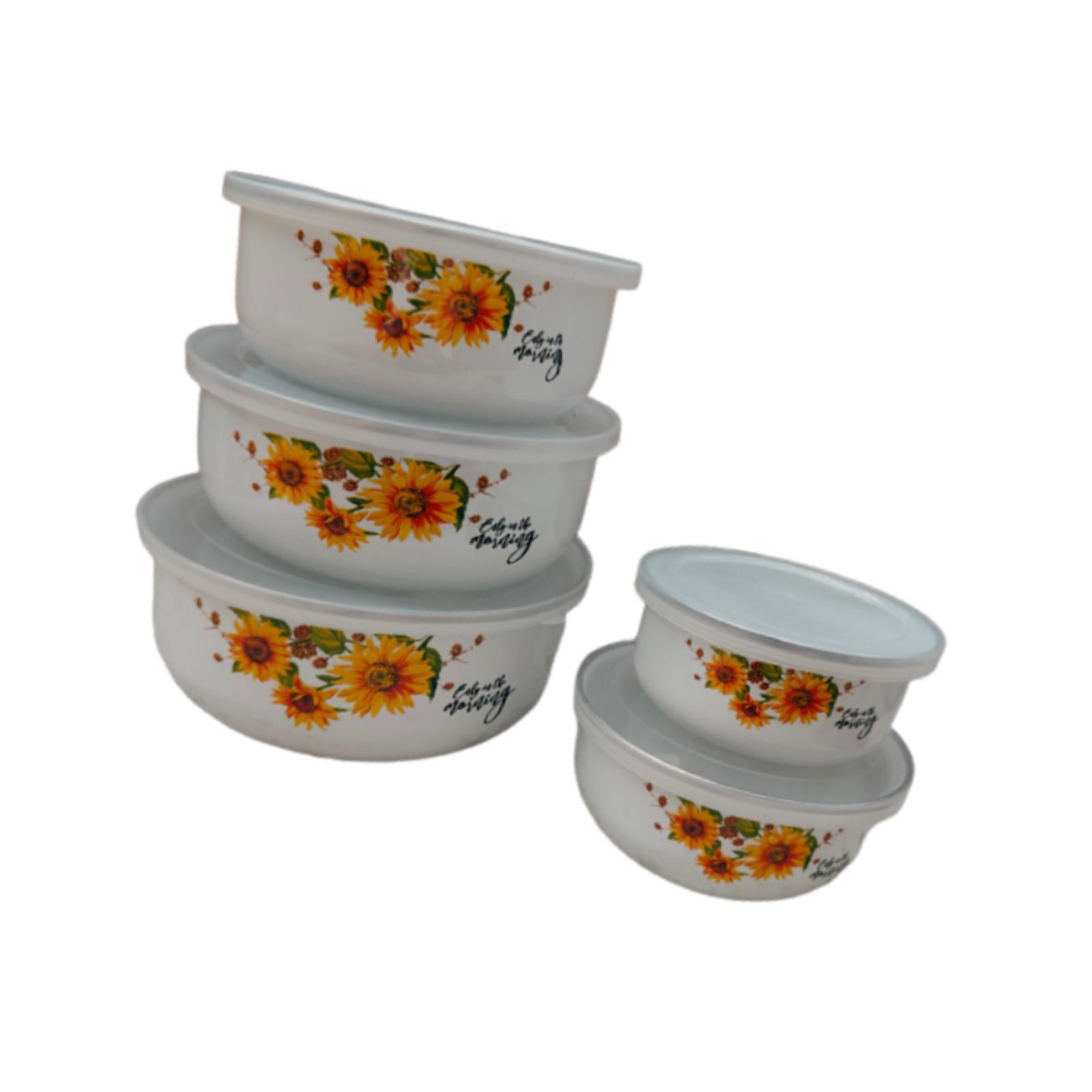 5 Pieces Enamel Bowls with Lids Nesting Bowls Set for Prepping Biscuits Rice Orange
