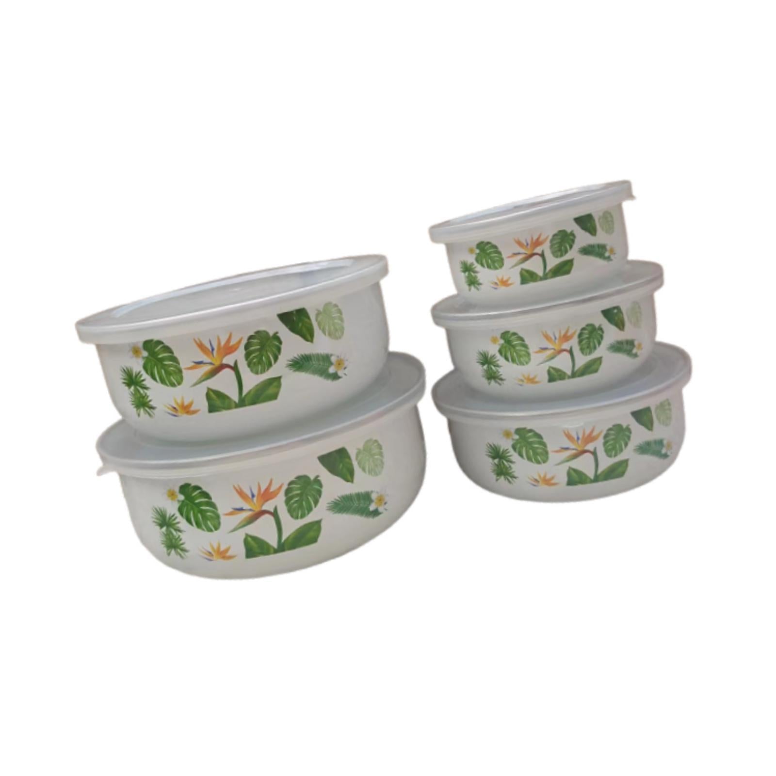 5 Pieces Enamel Bowls with Lids Nesting Bowls Set for Prepping Biscuits Rice Green