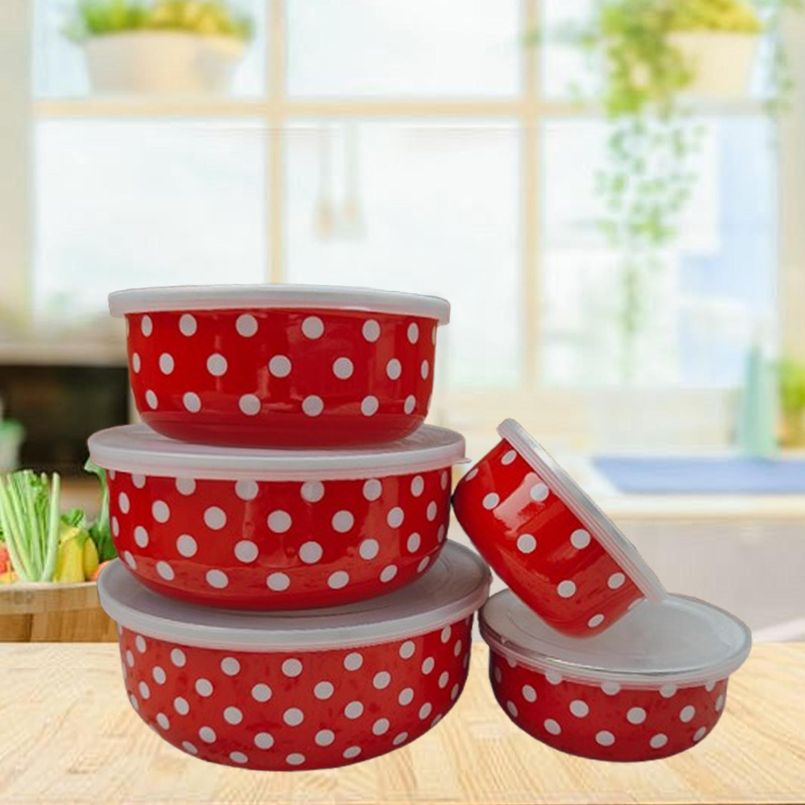 5 Pieces Enamel Bowls with Lids Nesting Bowls Set for Prepping Biscuits Rice Red