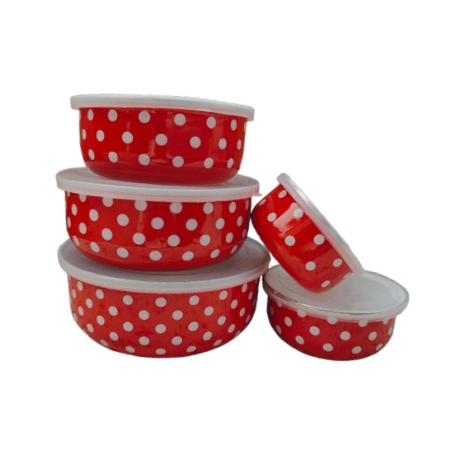 5 Pieces Enamel Bowls with Lids Nesting Bowls Set for Prepping Biscuits Rice Red