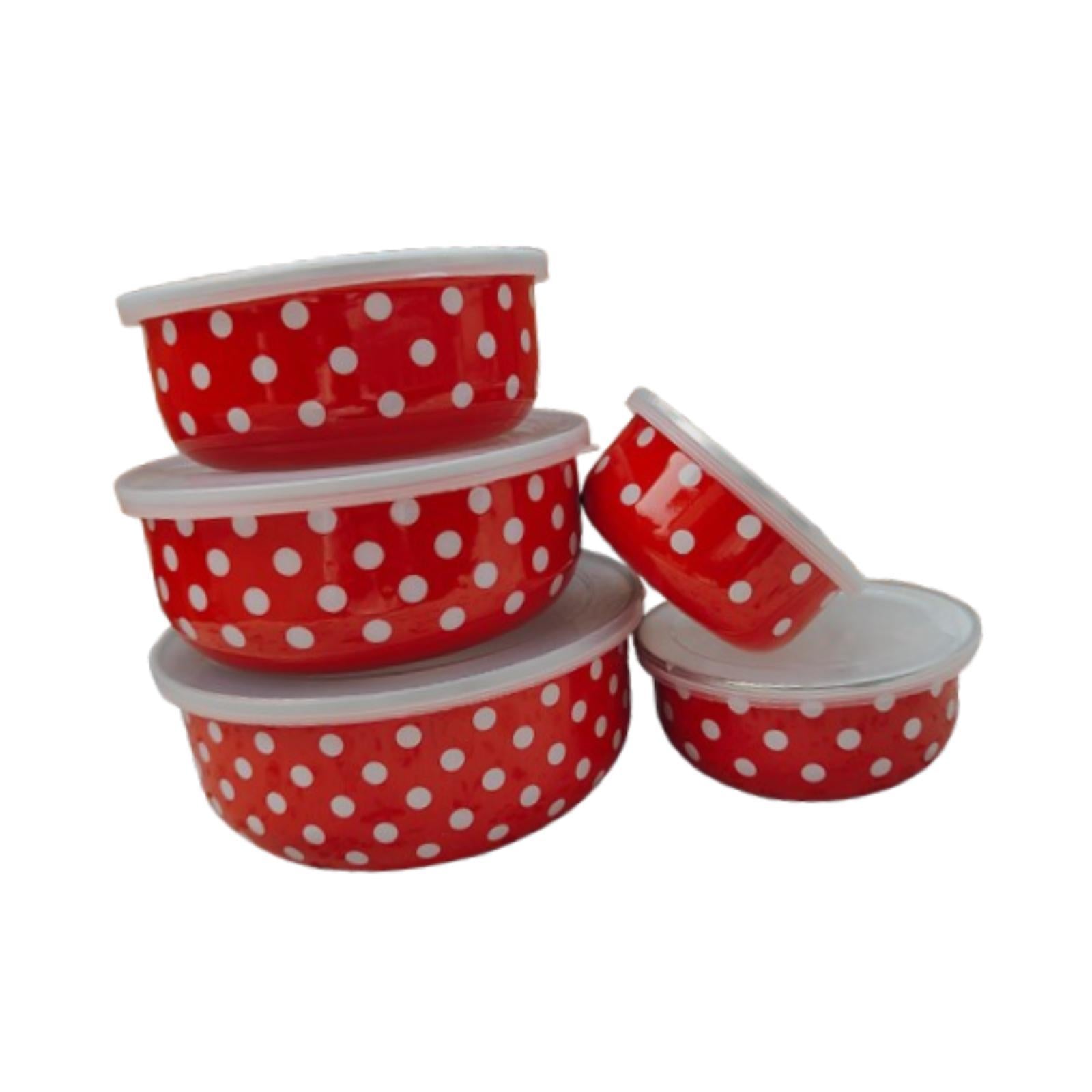 5 Pieces Enamel Bowls with Lids Nesting Bowls Set for Prepping Biscuits Rice Red