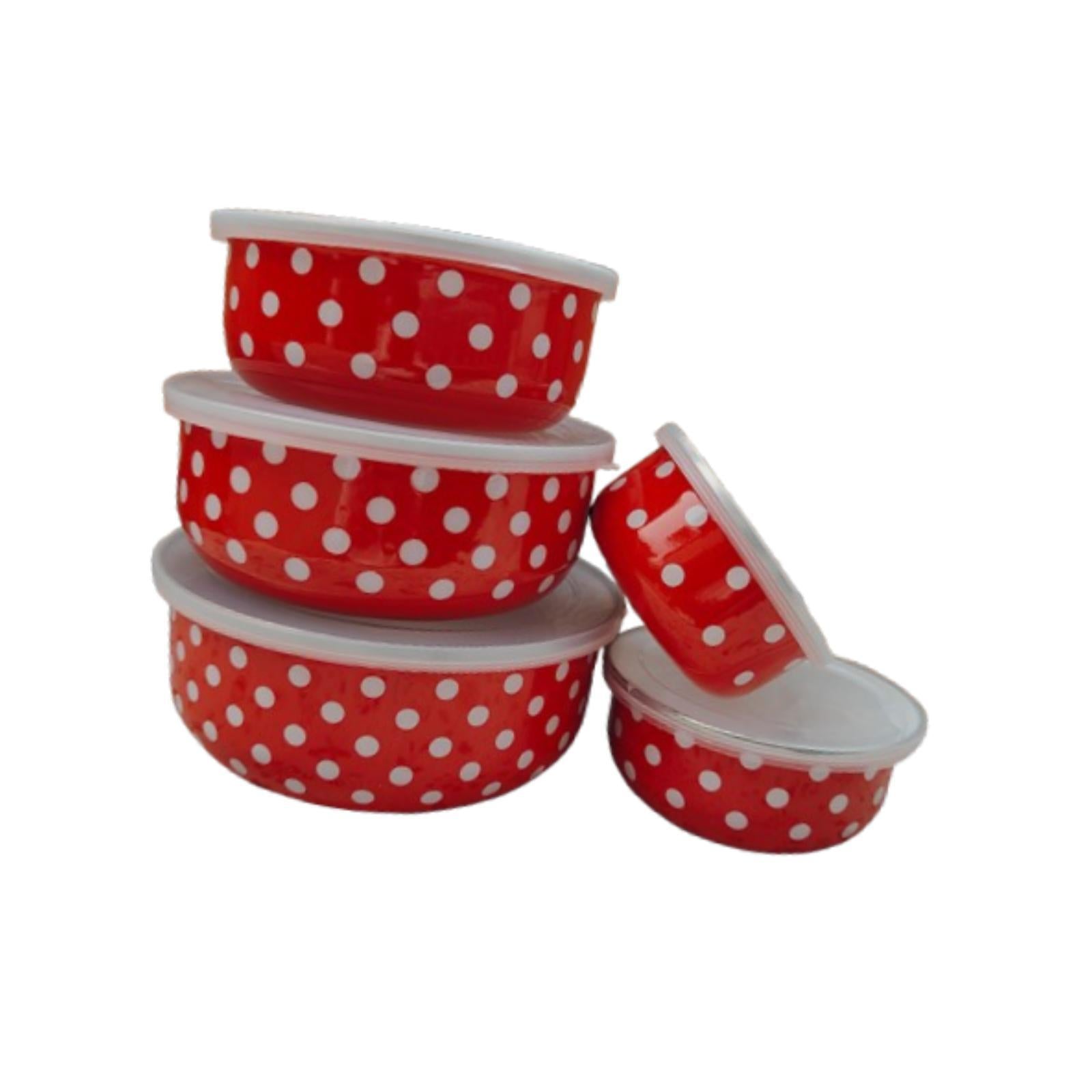 5 Pieces Enamel Bowls with Lids Nesting Bowls Set for Prepping Biscuits Rice Red