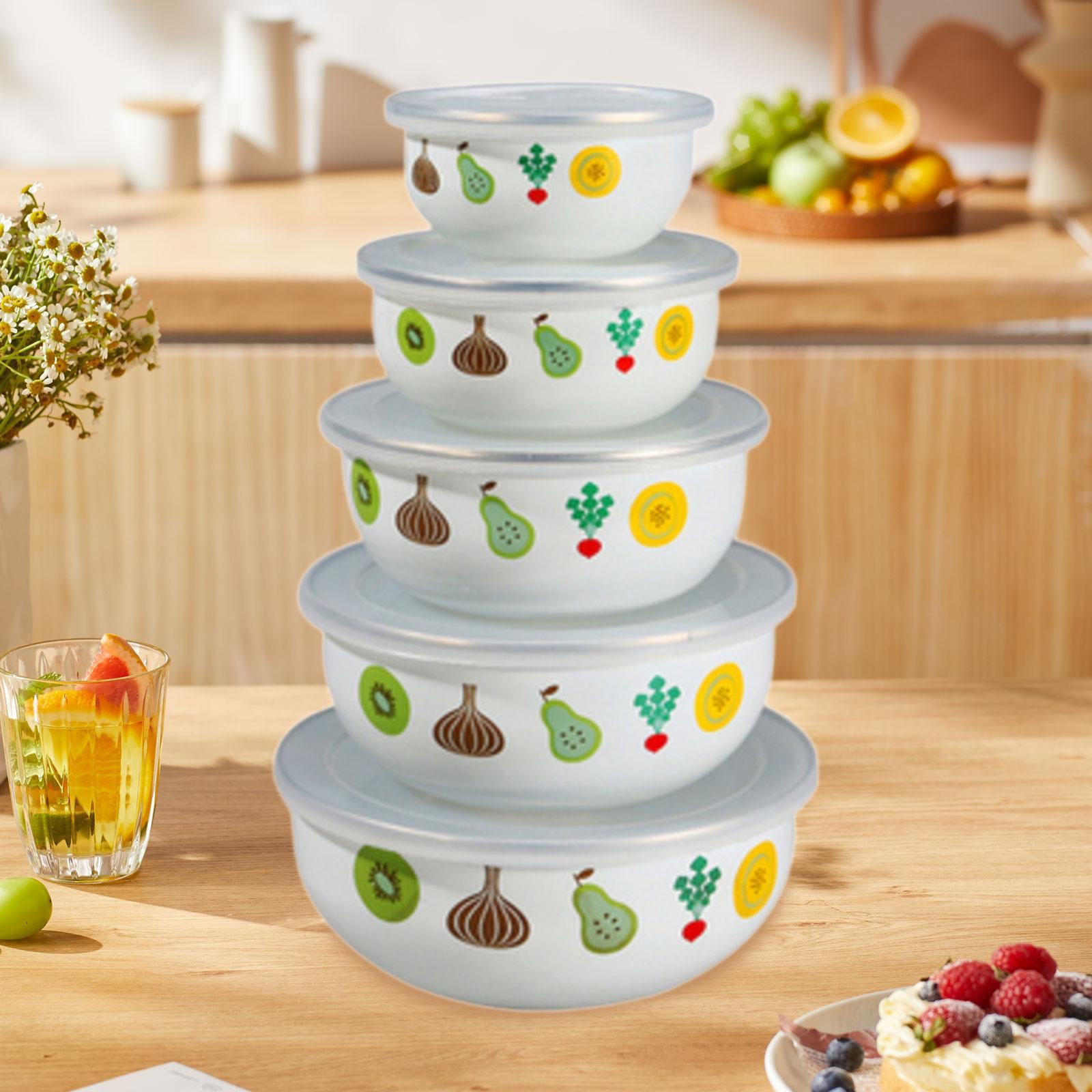 5x Enamel Bowls Baking Cooking Dinnerware Prep Bowls for Soup Sealed Noodles Style A