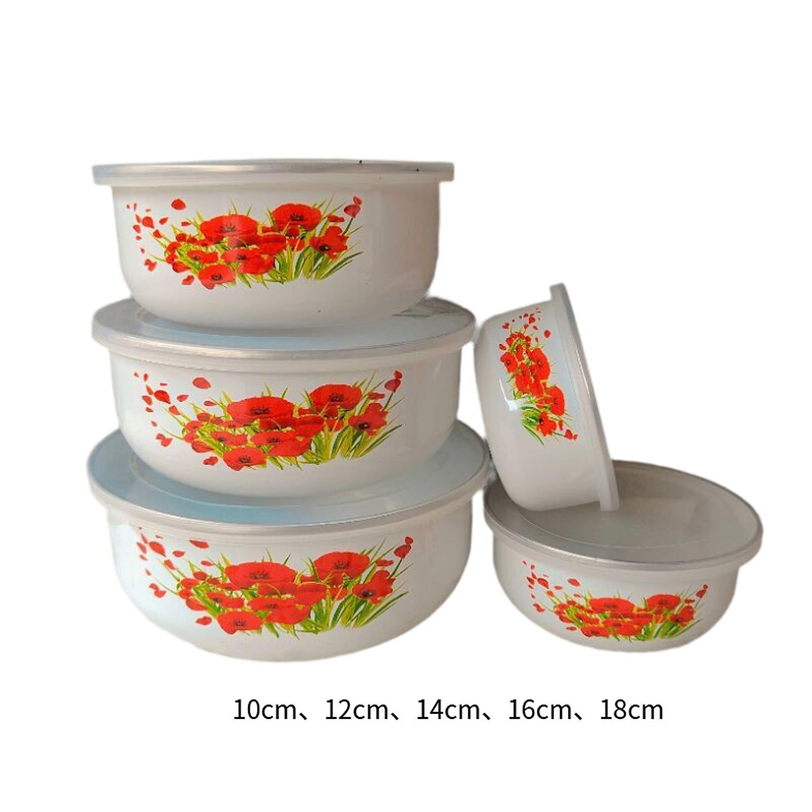 5x Enamel Bowls Baking Cooking Dinnerware Prep Bowls for Soup Sealed Noodles Style B
