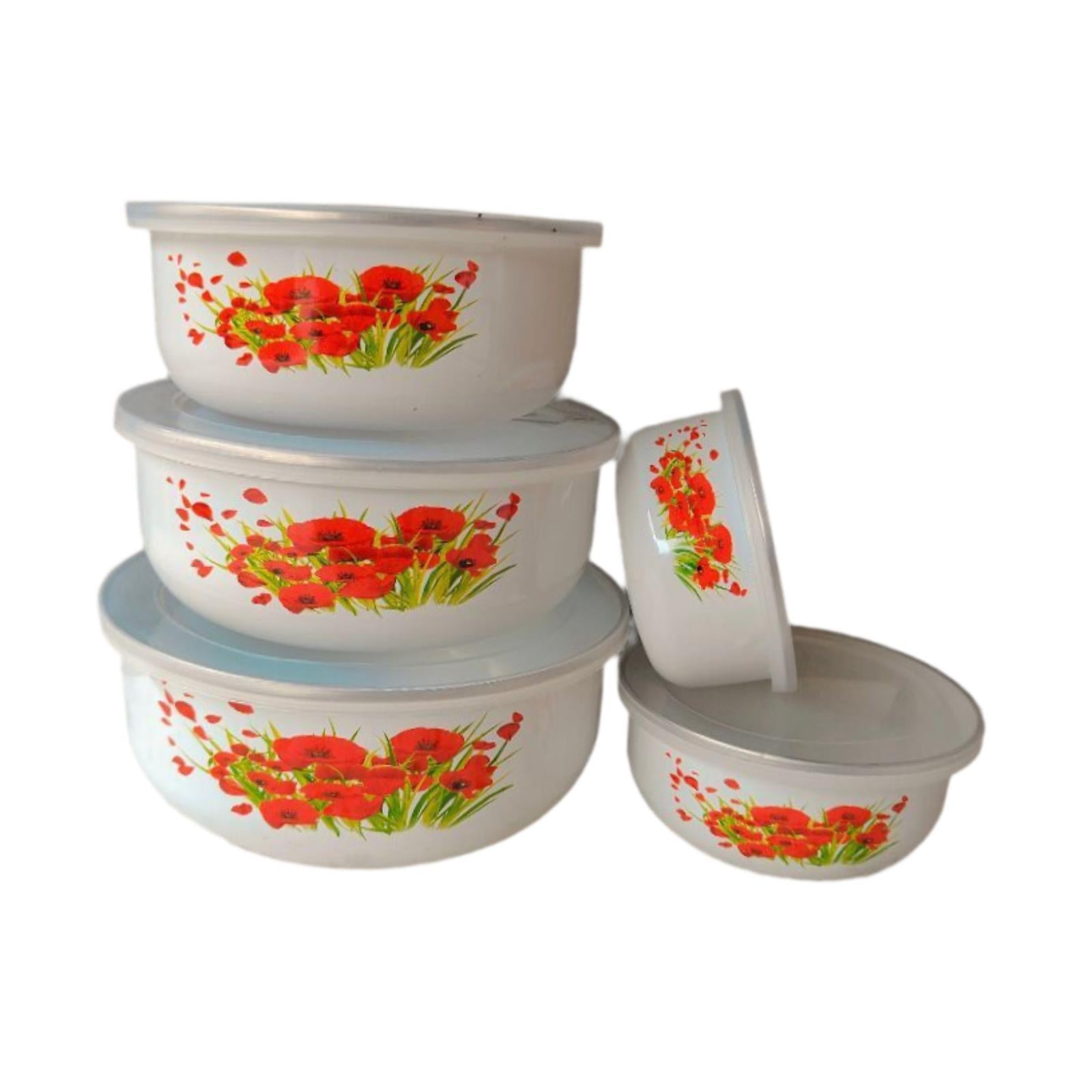 5x Enamel Bowls Baking Cooking Dinnerware Prep Bowls for Soup Sealed Noodles Style B
