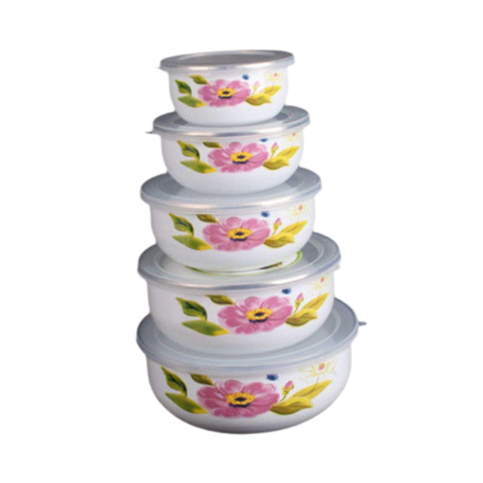 5x Enamel Bowls Baking Cooking Dinnerware Prep Bowls for Soup Sealed Noodles Style C