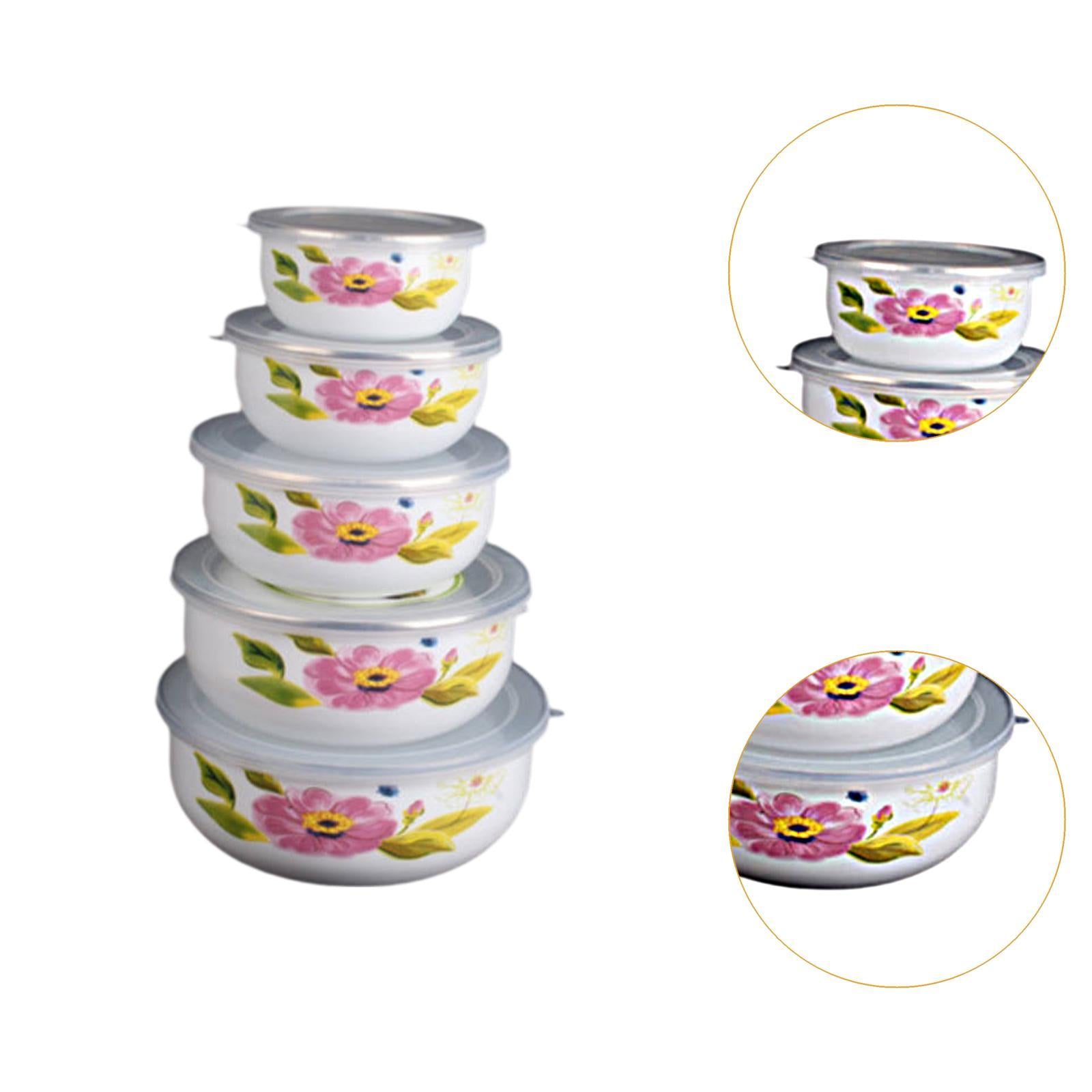 5x Enamel Bowls Baking Cooking Dinnerware Prep Bowls for Soup Sealed Noodles Style C