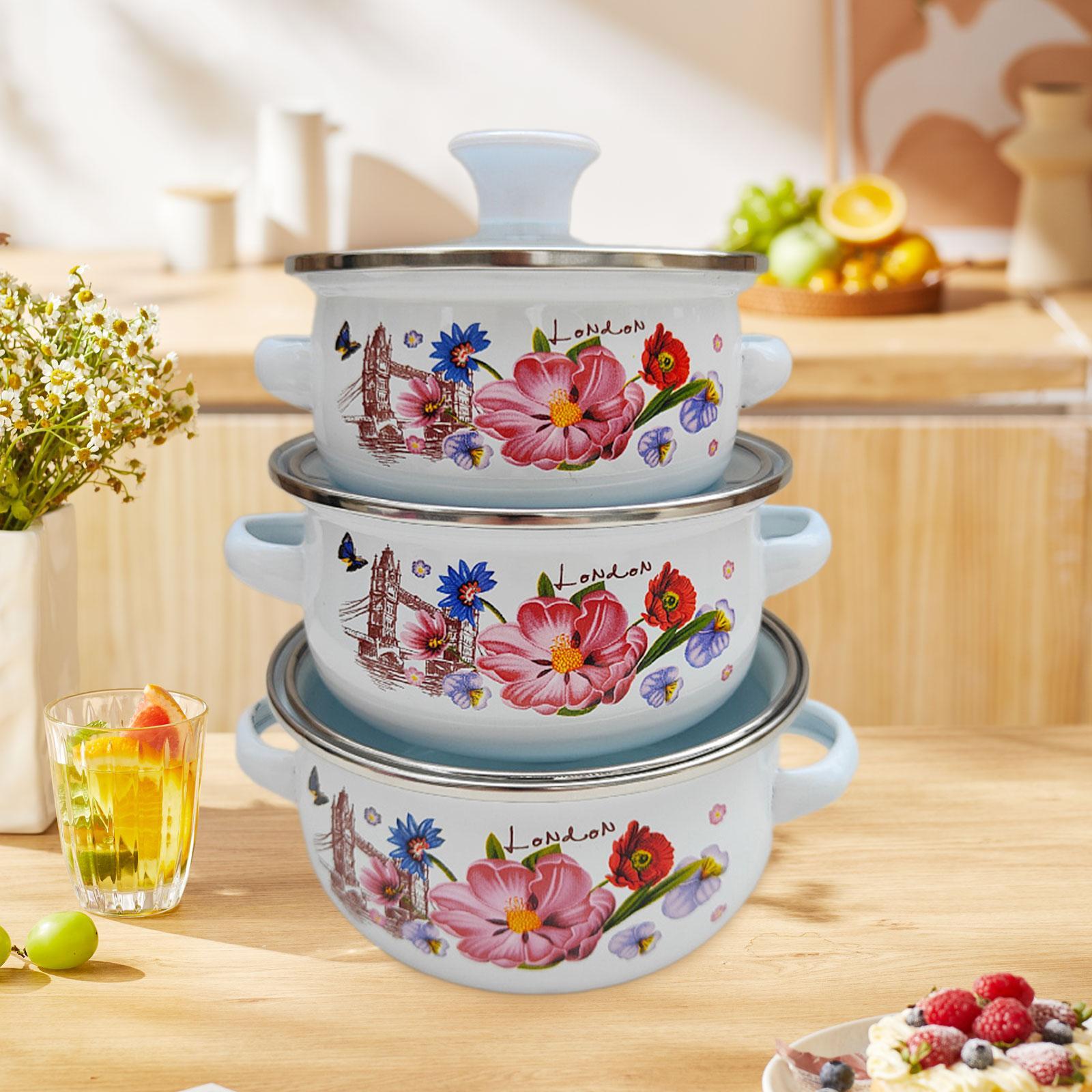 3Pcs Enamel Stockpot Enamelware Cookware Set for Induction Cookers Gas Stove A