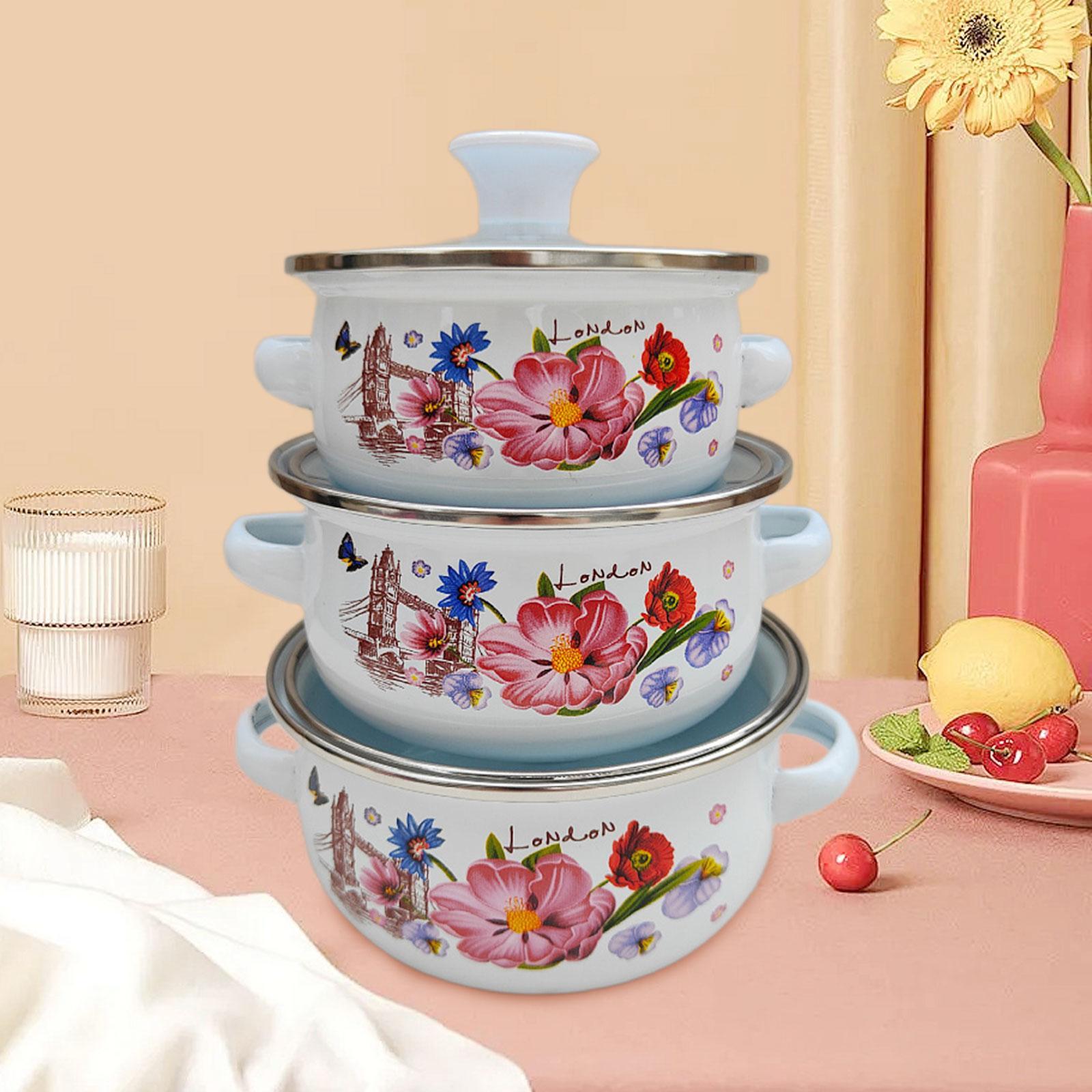 3Pcs Enamel Stockpot Enamelware Cookware Set for Induction Cookers Gas Stove A