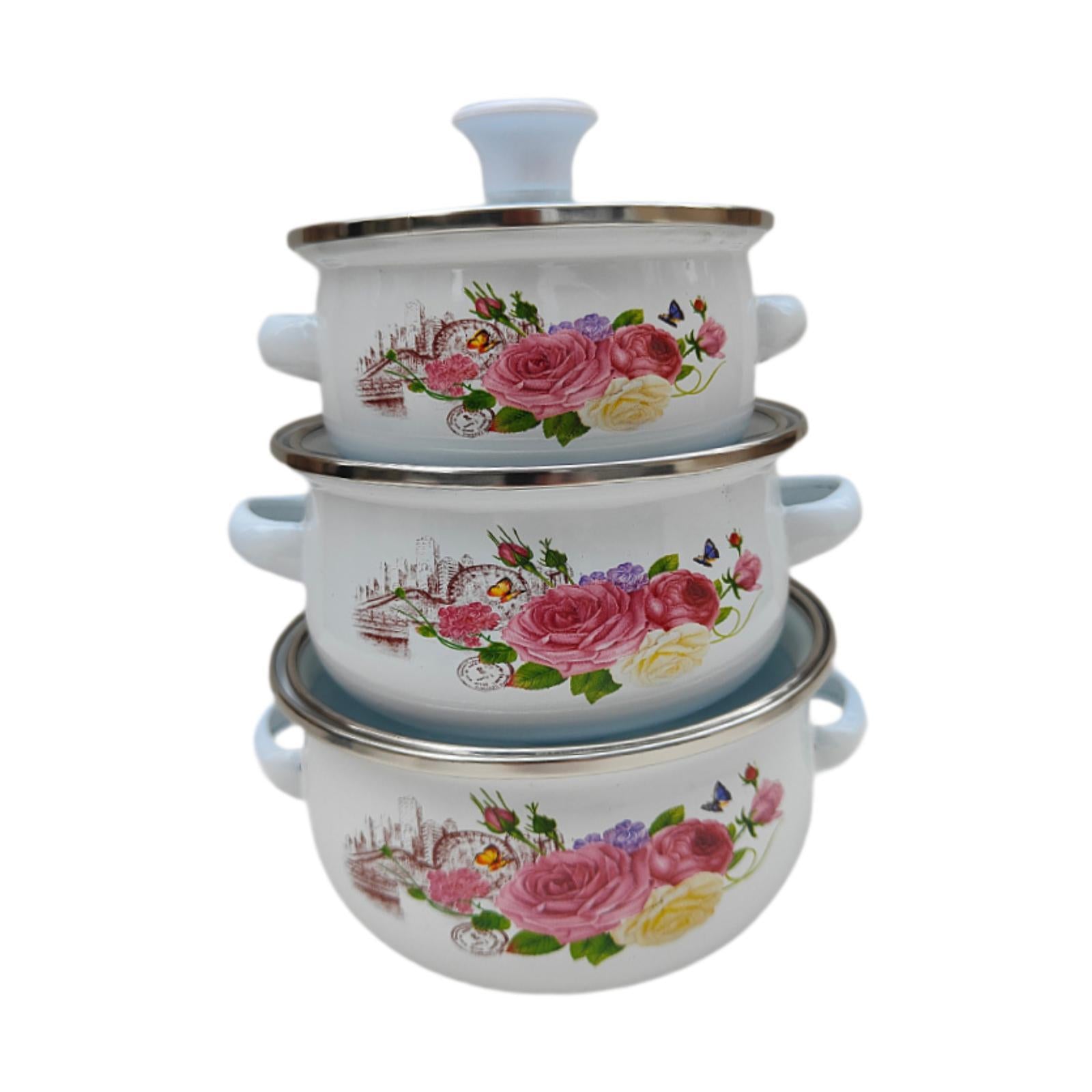 3Pcs Enamel Stockpot Enamelware Cookware Set for Induction Cookers Gas Stove B