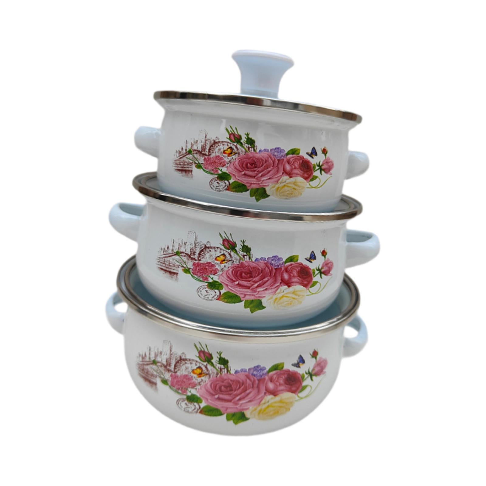 3Pcs Enamel Stockpot Enamelware Cookware Set for Induction Cookers Gas Stove B