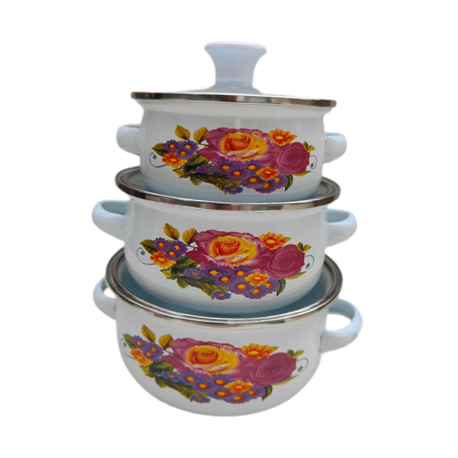 3Pcs Enamel Stockpot Enamelware Cookware Set for Induction Cookers Gas Stove D