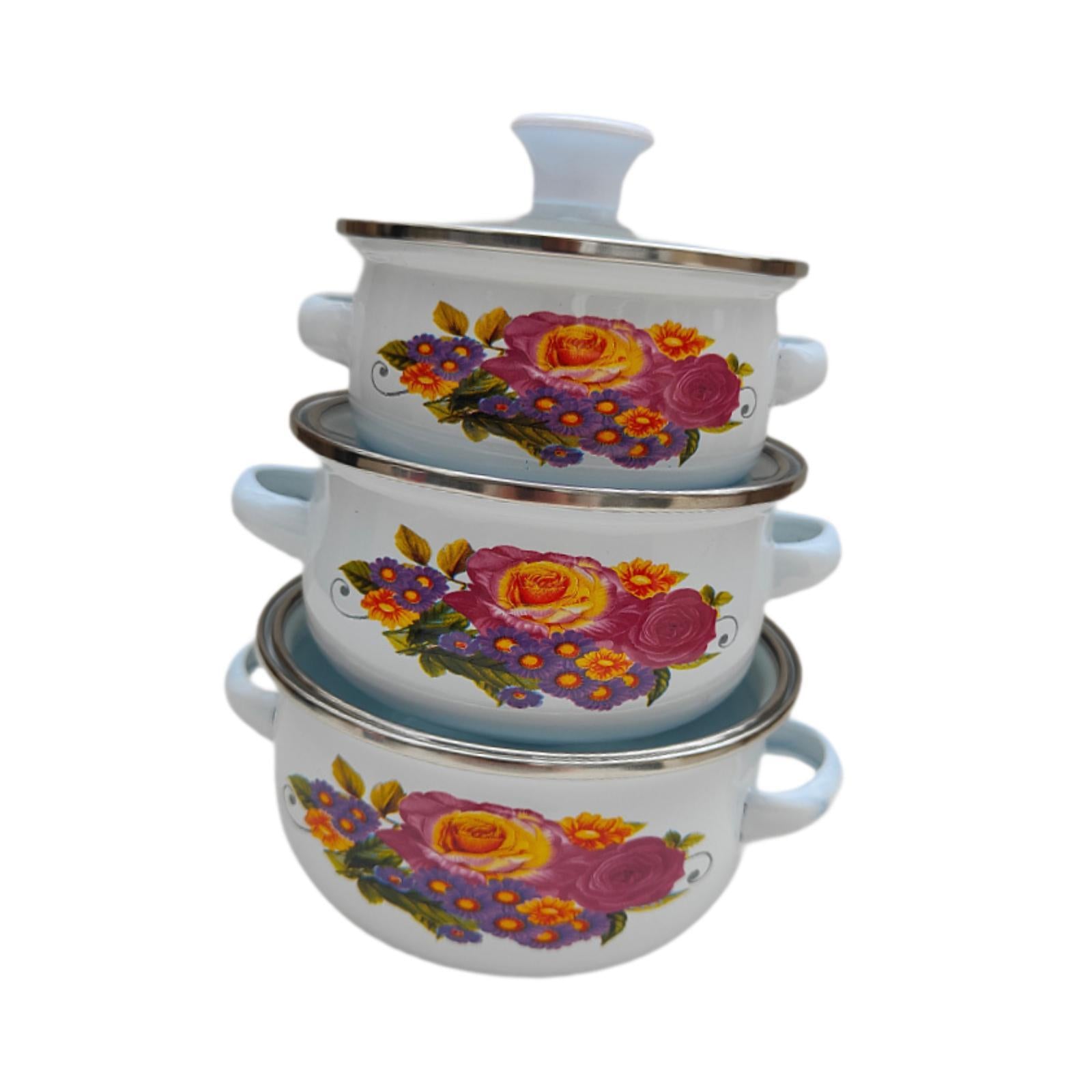 3Pcs Enamel Stockpot Enamelware Cookware Set for Induction Cookers Gas Stove D