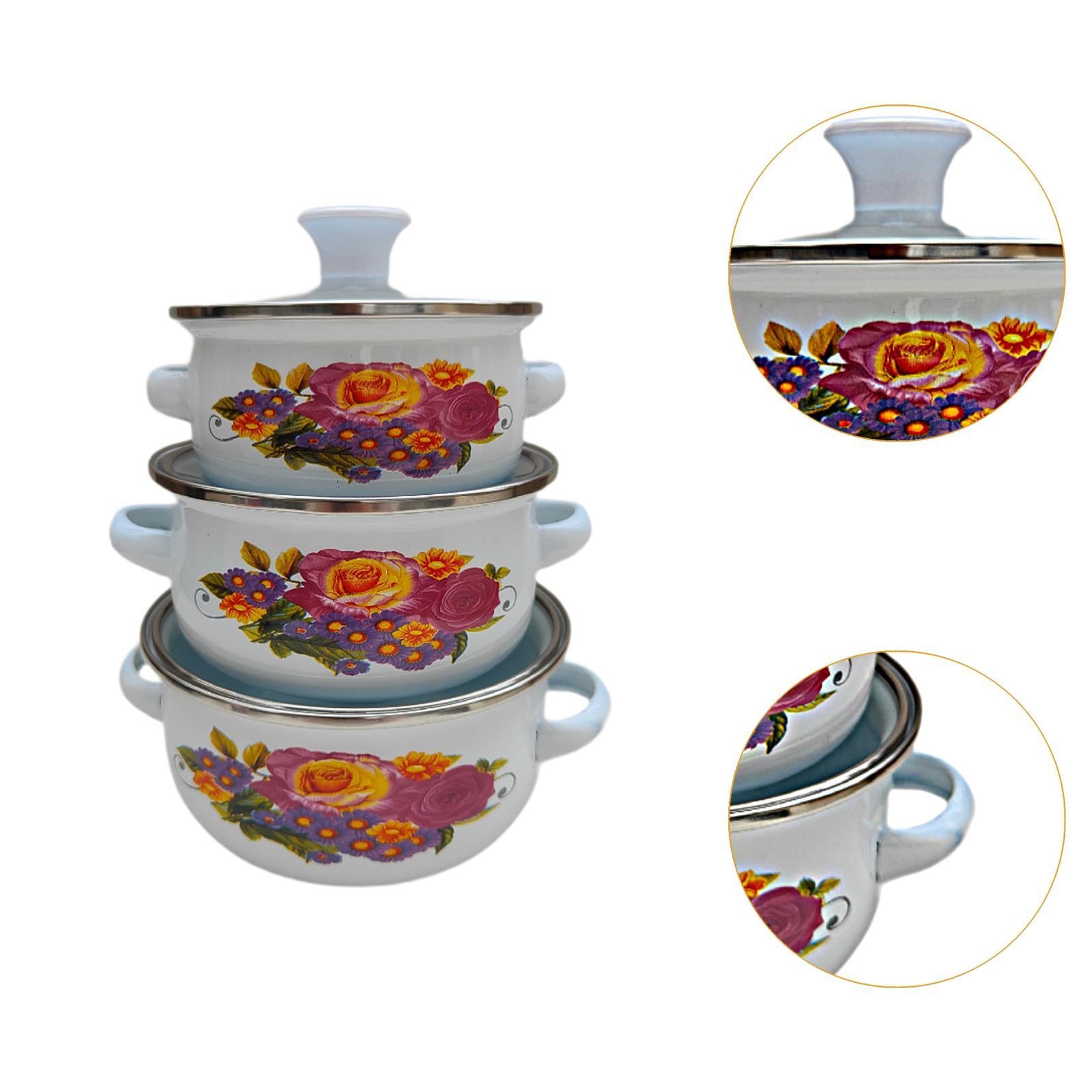 3Pcs Enamel Stockpot Enamelware Cookware Set for Induction Cookers Gas Stove D