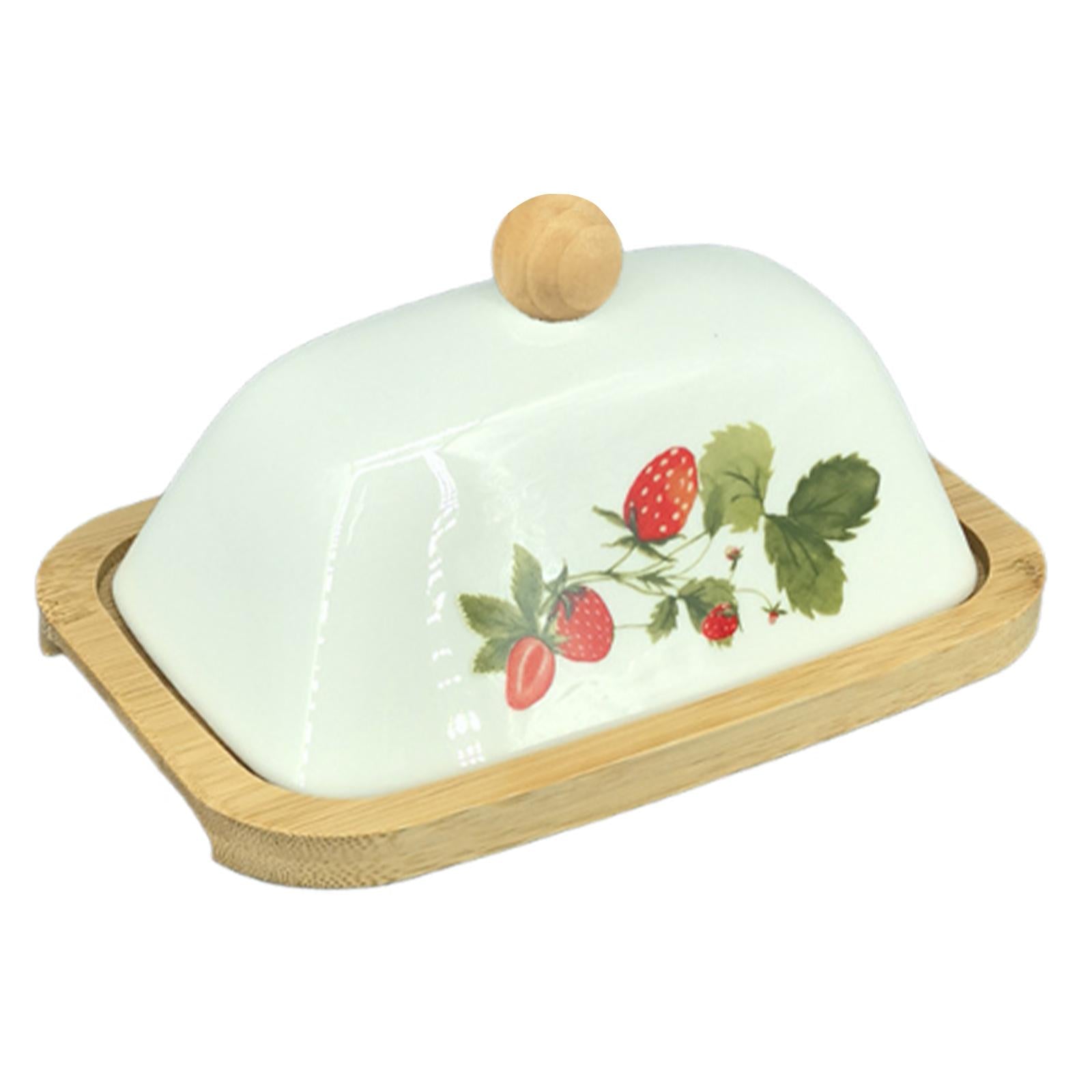 Ceramic Butter Dish Multifunctional Butter Plate for Home Countertop Freezer Strawberry pattern
