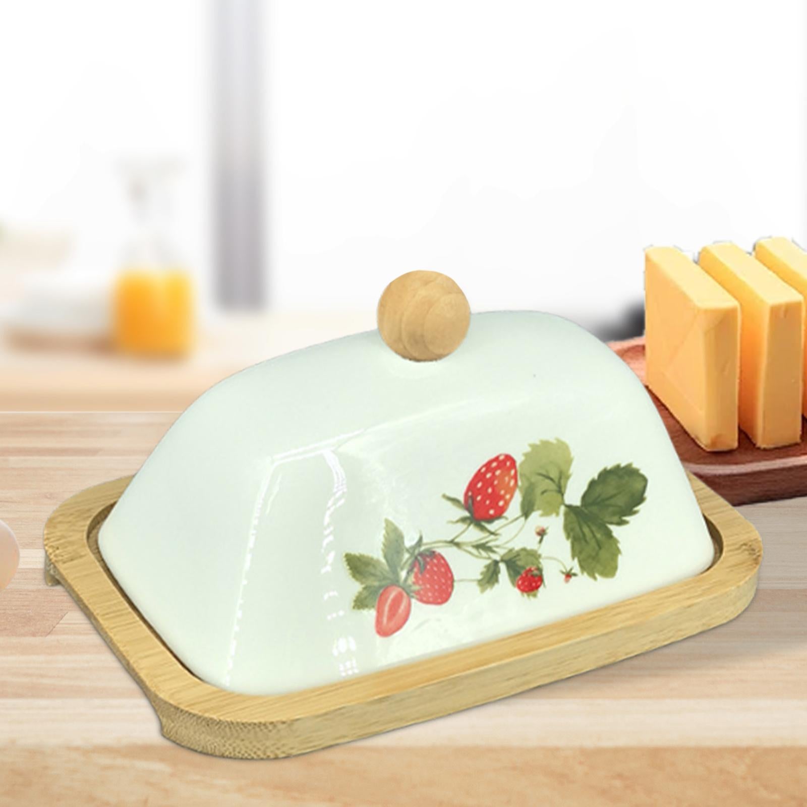 Ceramic Butter Dish Multifunctional Butter Plate for Home Countertop Freezer Strawberry pattern
