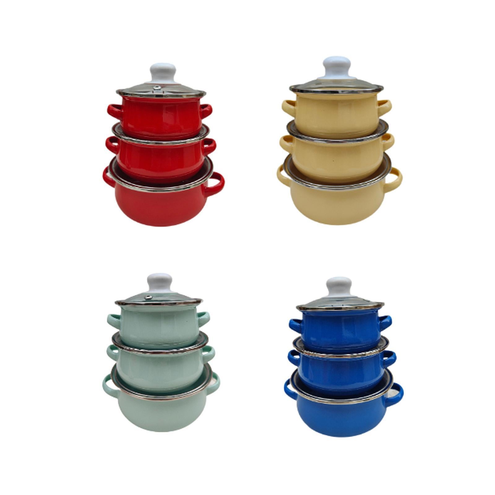 3x Enamel Cooking Pots Kitchen Enamel Stockpot with Lid Cooking Pot with Lid red