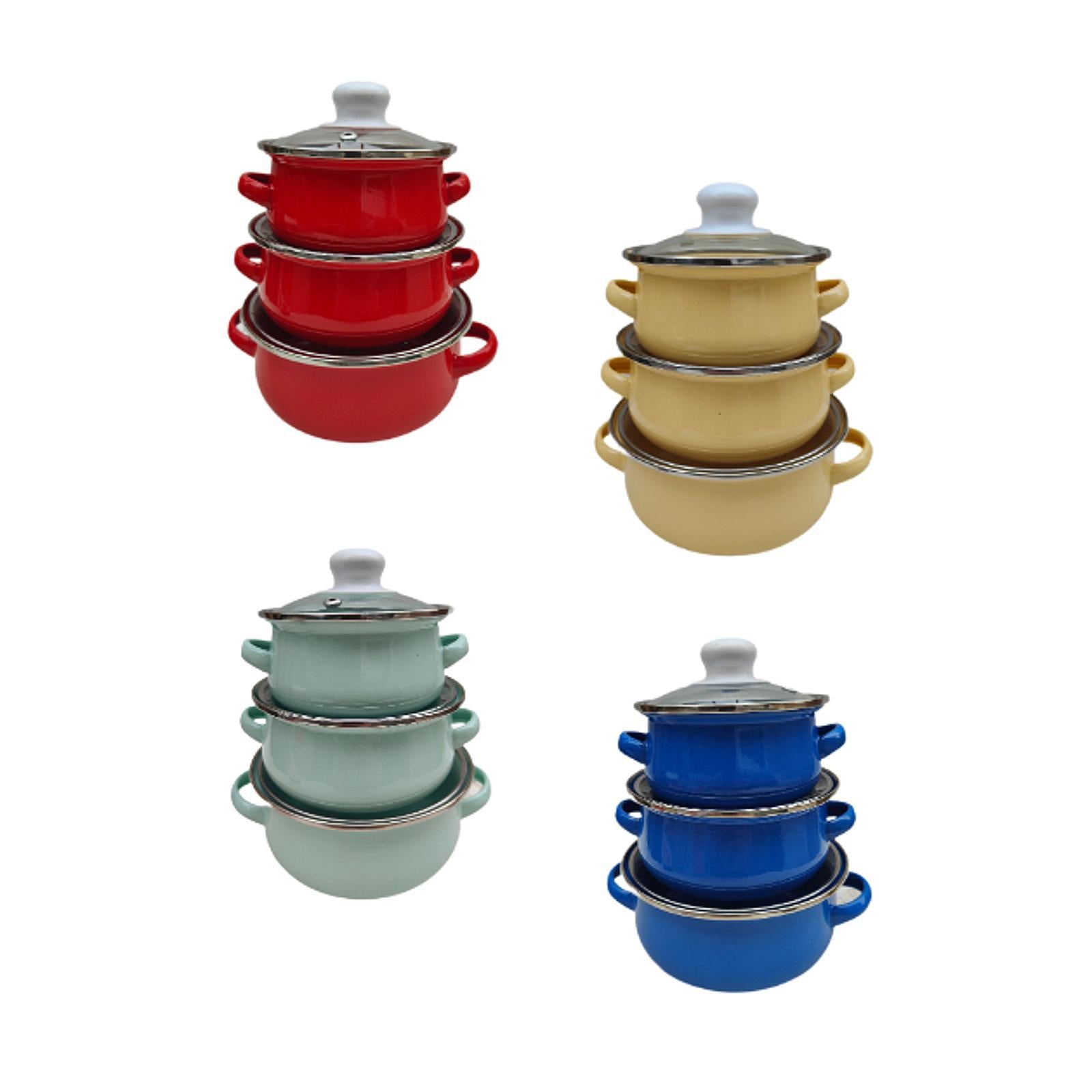 3x Enamel Cooking Pots Kitchen Enamel Stockpot with Lid Cooking Pot with Lid red