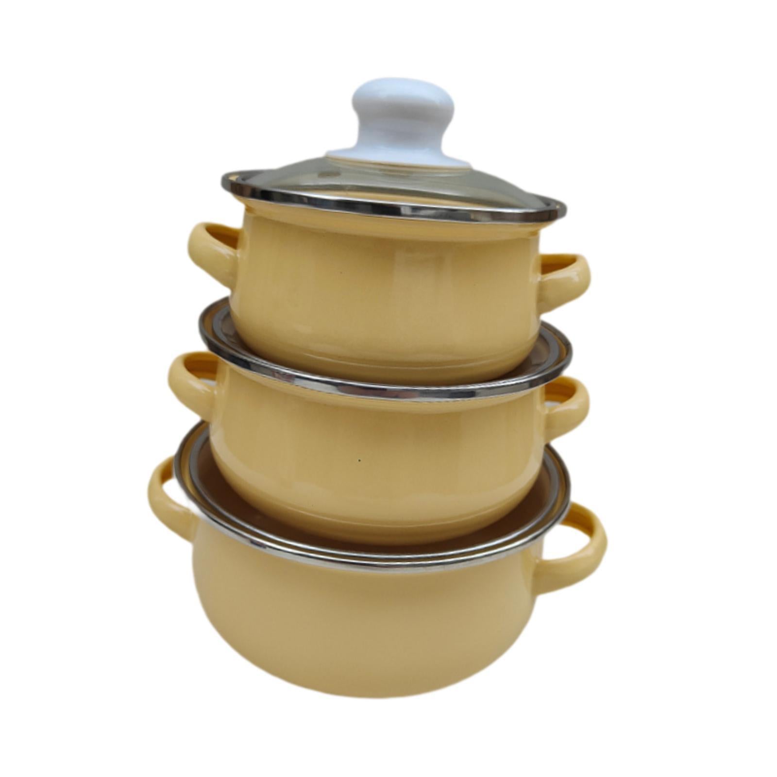 3x Enamel Cooking Pots Kitchen Enamel Stockpot with Lid Cooking Pot with Lid yellow