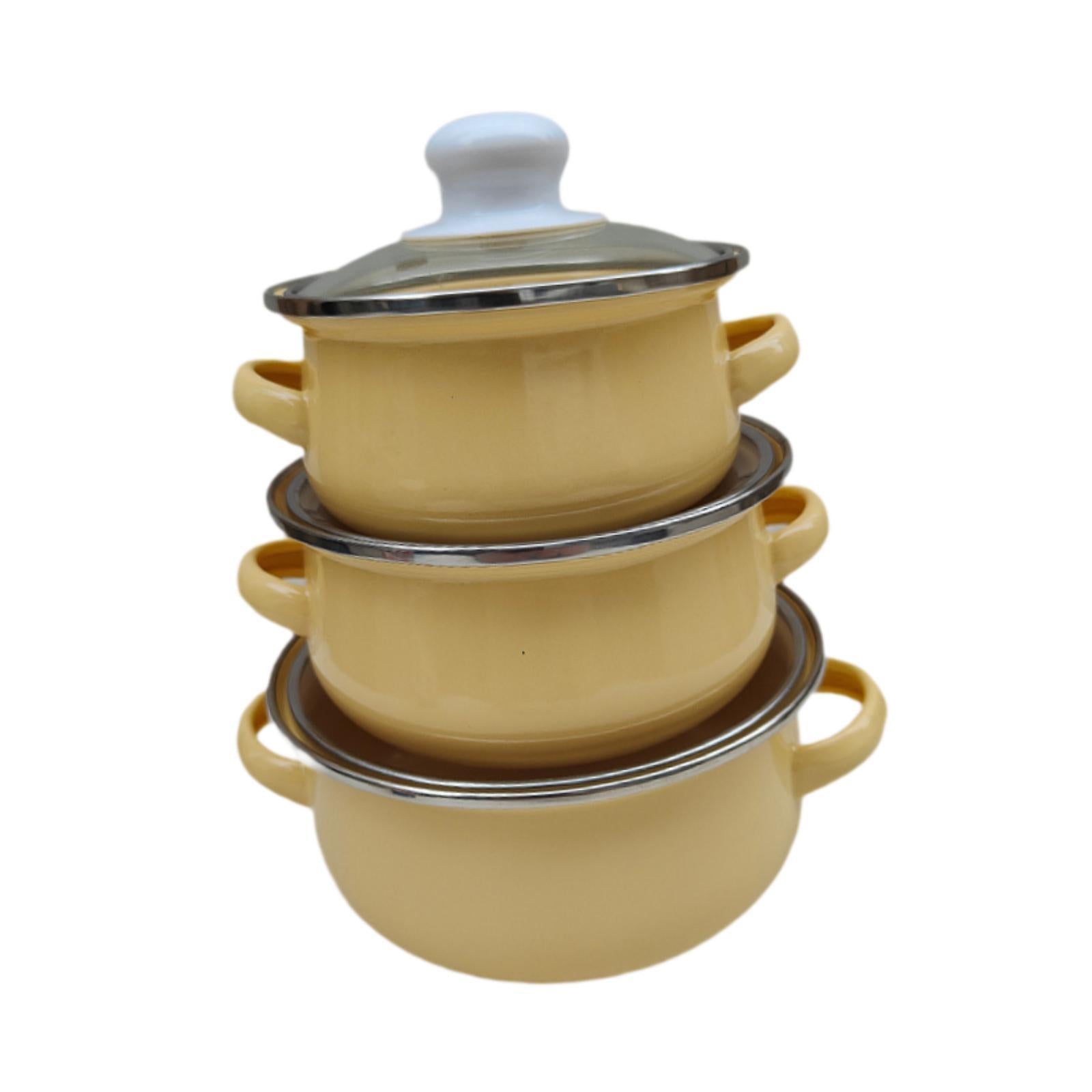 3x Enamel Cooking Pots Kitchen Enamel Stockpot with Lid Cooking Pot with Lid yellow
