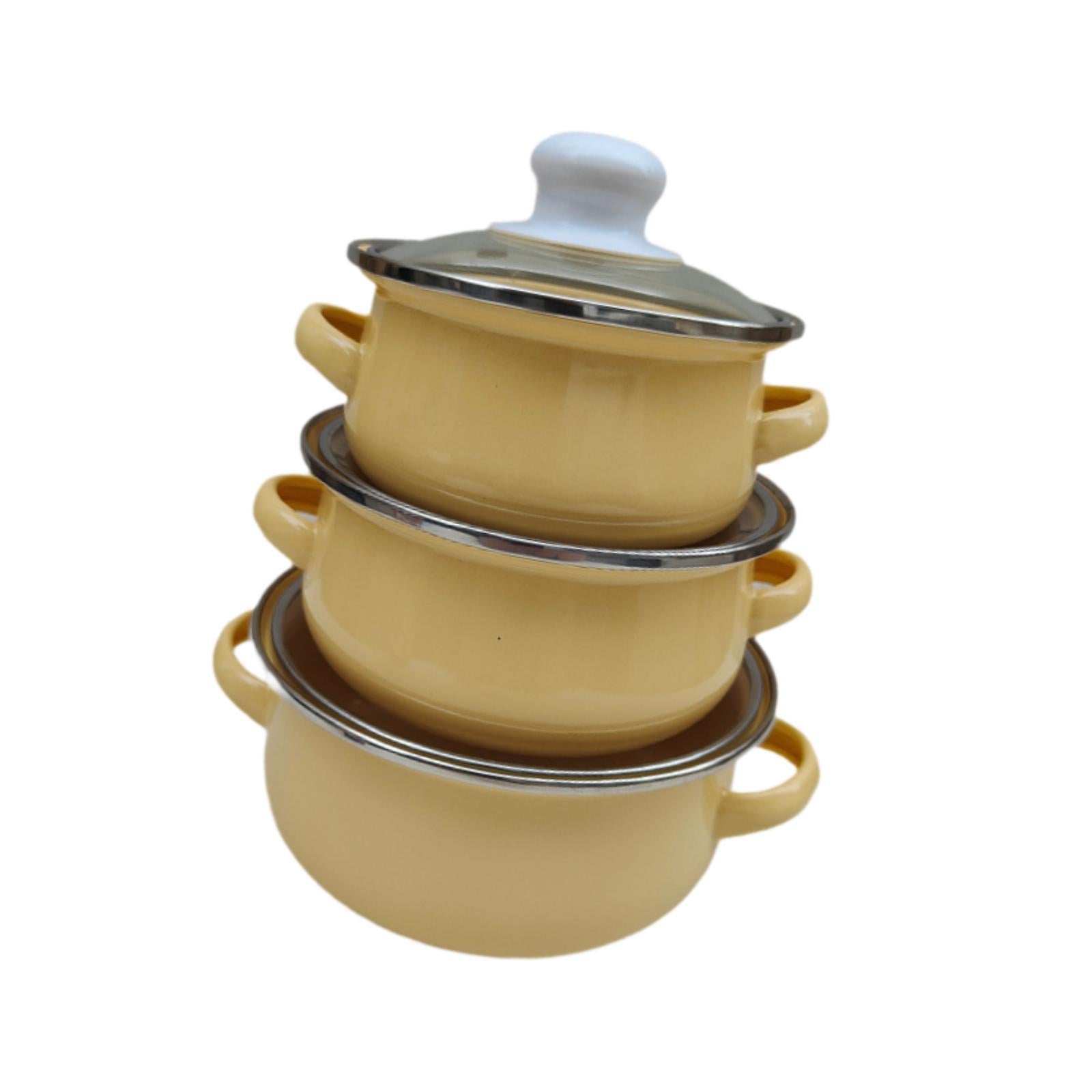 3x Enamel Cooking Pots Kitchen Enamel Stockpot with Lid Cooking Pot with Lid yellow