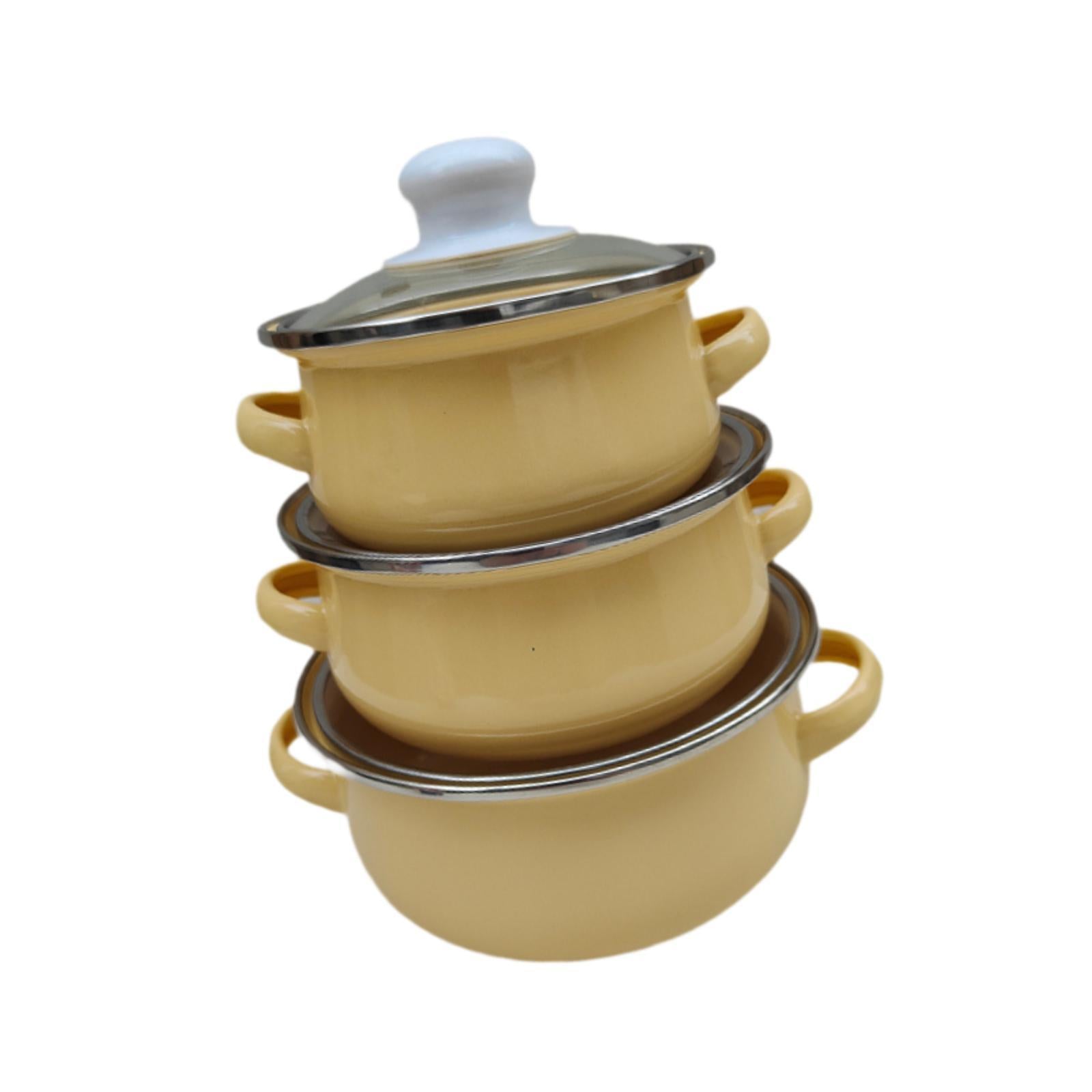 3x Enamel Cooking Pots Kitchen Enamel Stockpot with Lid Cooking Pot with Lid yellow