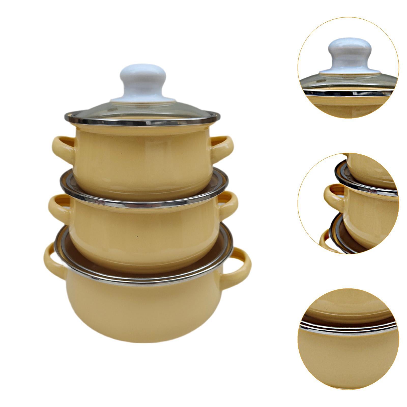 3x Enamel Cooking Pots Kitchen Enamel Stockpot with Lid Cooking Pot with Lid yellow